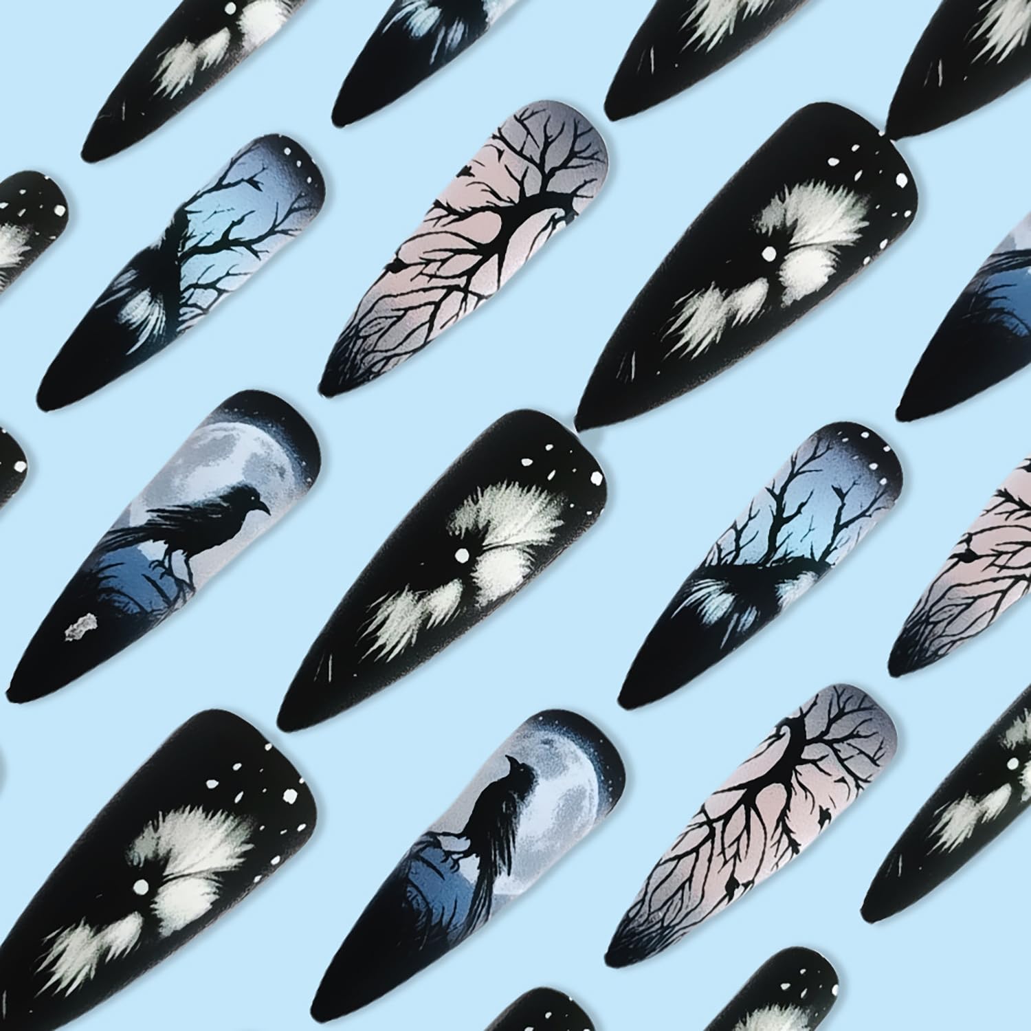 24Pcs Stiletto Press on Nails with Designs, Summer Fake Nails Full Cover Glue on Nails Long Acrylic Nails Press on Black False Nails Reusable Artificial Stick on Nails for Women Nail Decorations