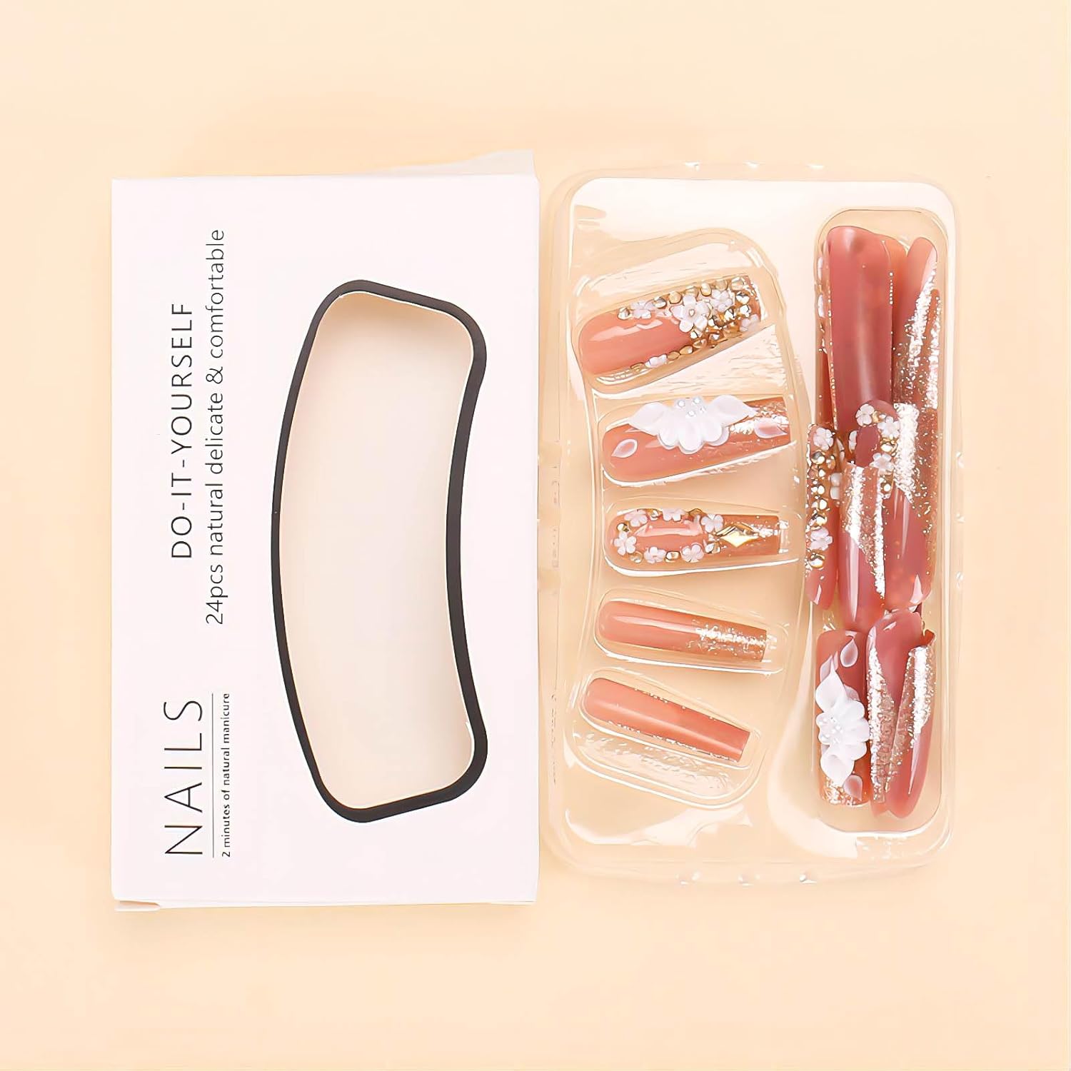 3D Gold Glitter Rhinestone Flower Long Coffin Press-On Nails Acrylic False Nails-Free Shipping