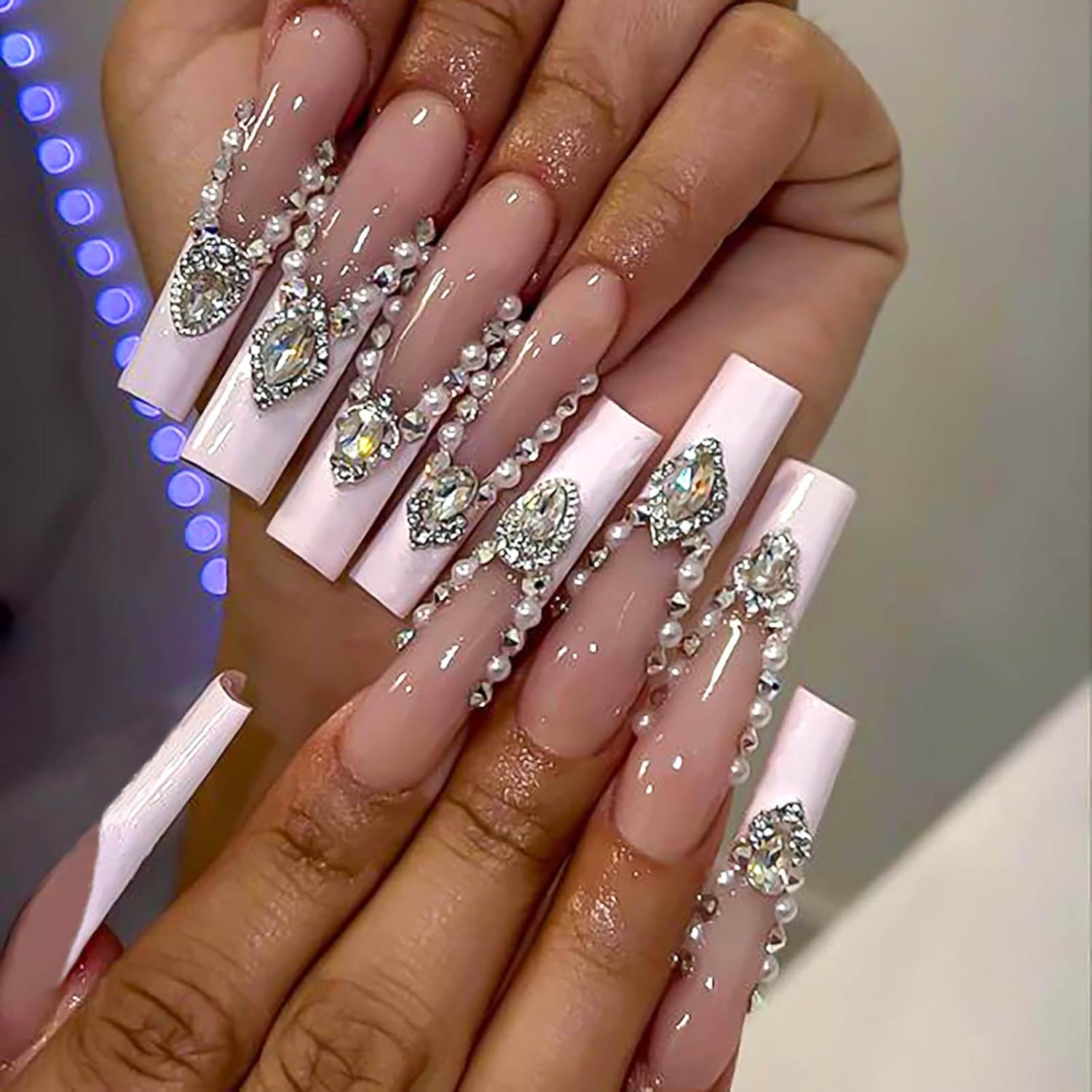 Pink Rhinestone French Coffin Press On Nails Acrylic Fake Nails-Free Shipping