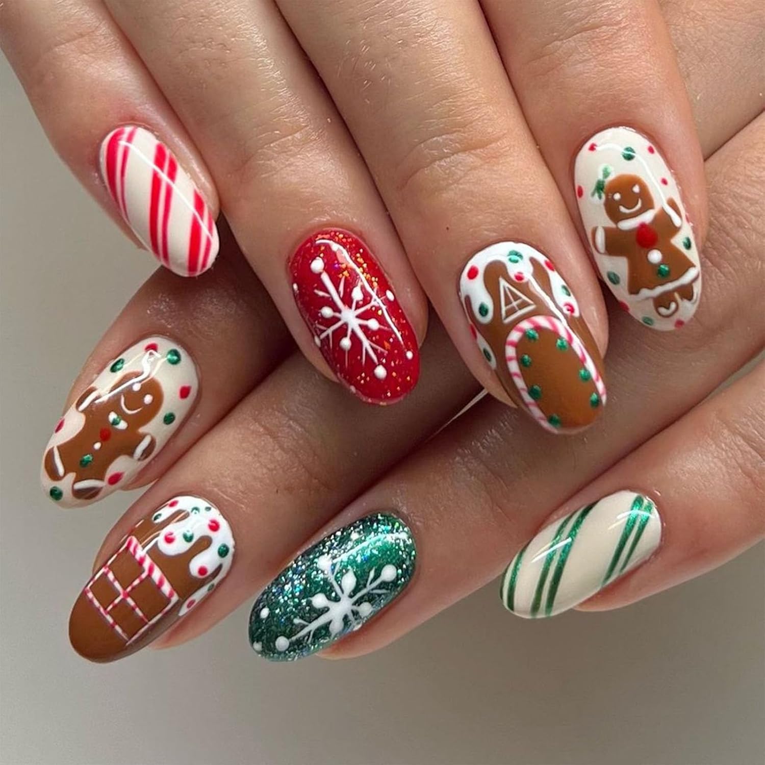 Gingerbread Man Christmas Press-On Nails – 24 Pcs Almond Fake Nails-Free Shipping
