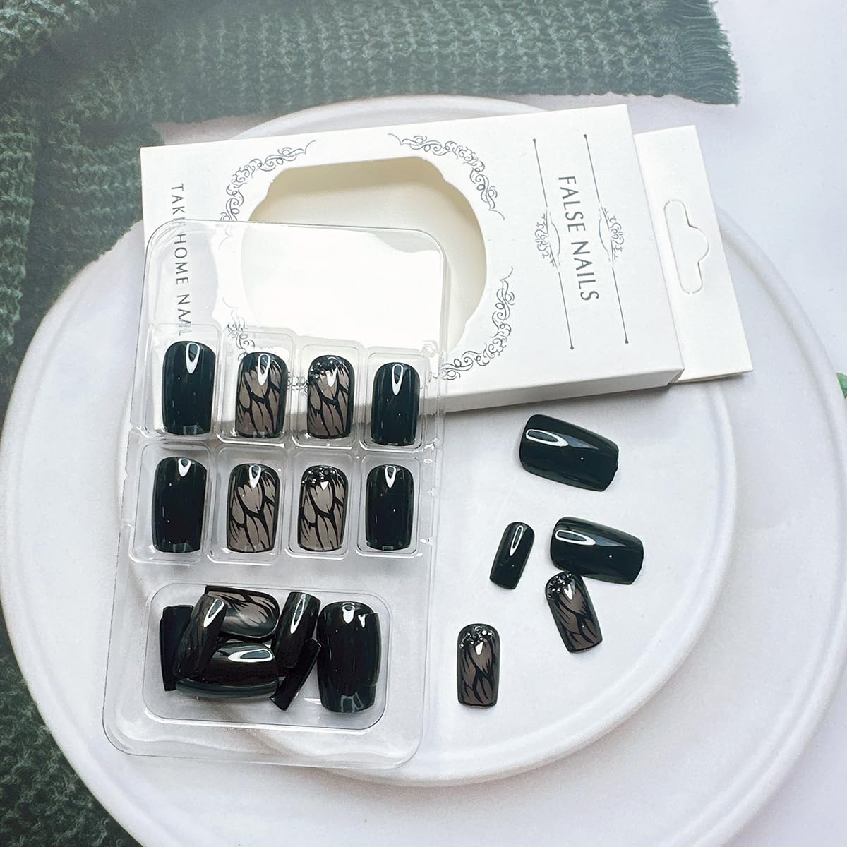Black Rhinestones Press-On Nails Set-Medium Length, Square Shape, Reusable Acrylic False Nails-Free Shipping