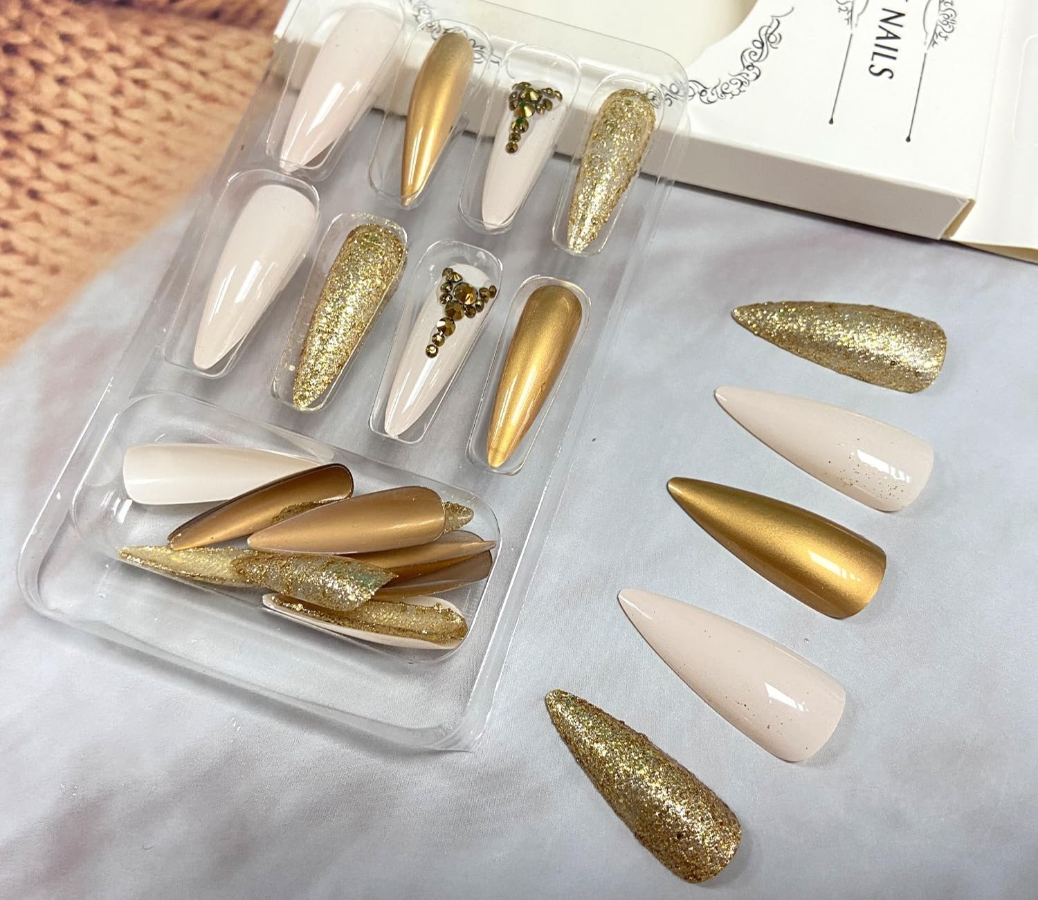Gold Rhinestones Glitter Stiletto Press-On Nails Acrylic Nails - Free Shipping