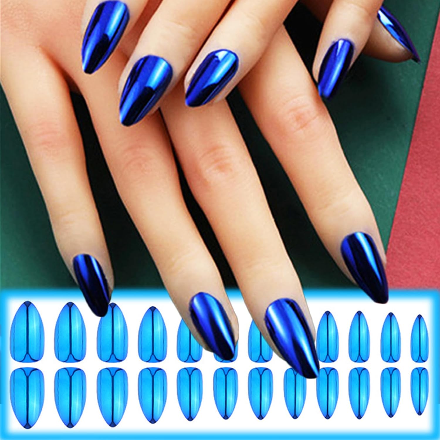 Blue Chrome Metal Press-On Nails Almond False Nails with Mirror Shine - Free Shipping