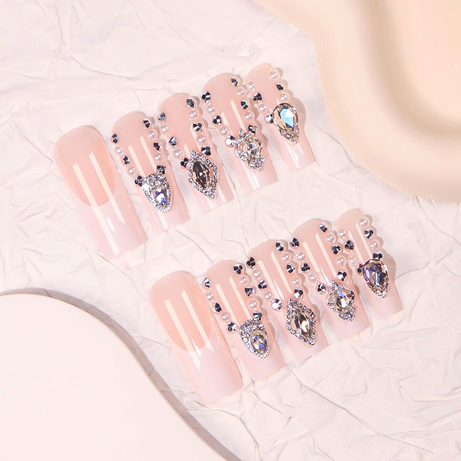 Pink Rhinestone French Coffin Press On Nails Acrylic Fake Nails-Free Shipping
