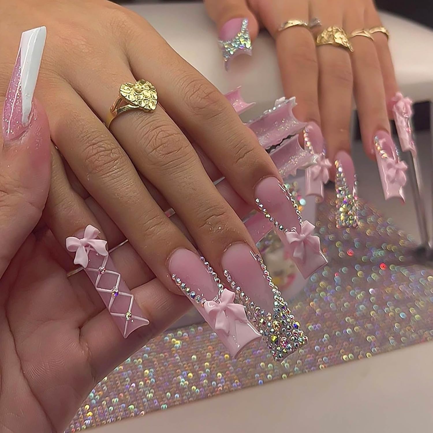 Chic Pink Bow and Rhinestone Coffin French Tip Press-On Nails Fake Nails-Free Shipping