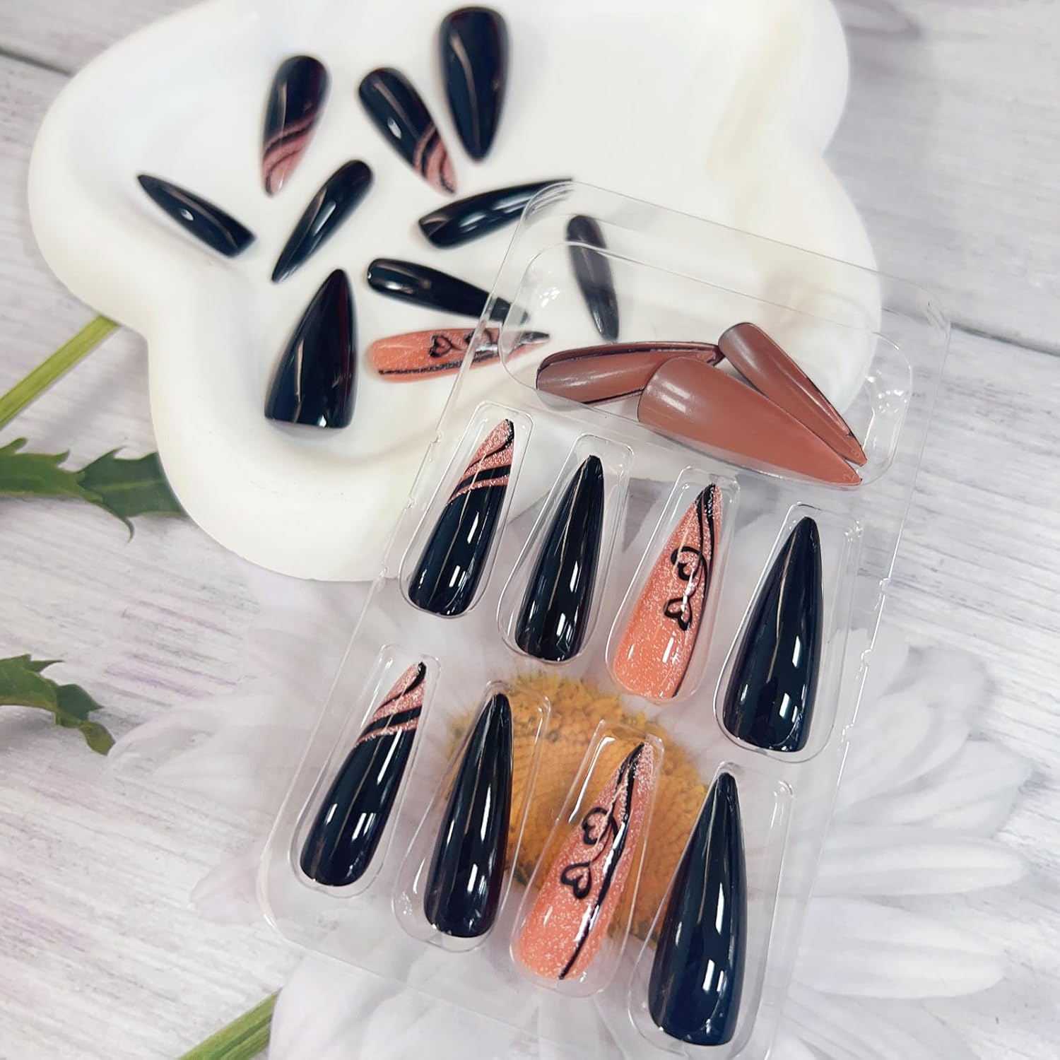 Long Stiletto Press on Nails Black Fake Nails Small Heart Glue on Nails Valentine’s Day Nail Art Decorations Glossy Full Cover Glue on Nails Long Almond Acrylic Nails Stick on Nails for Women 24Pcs