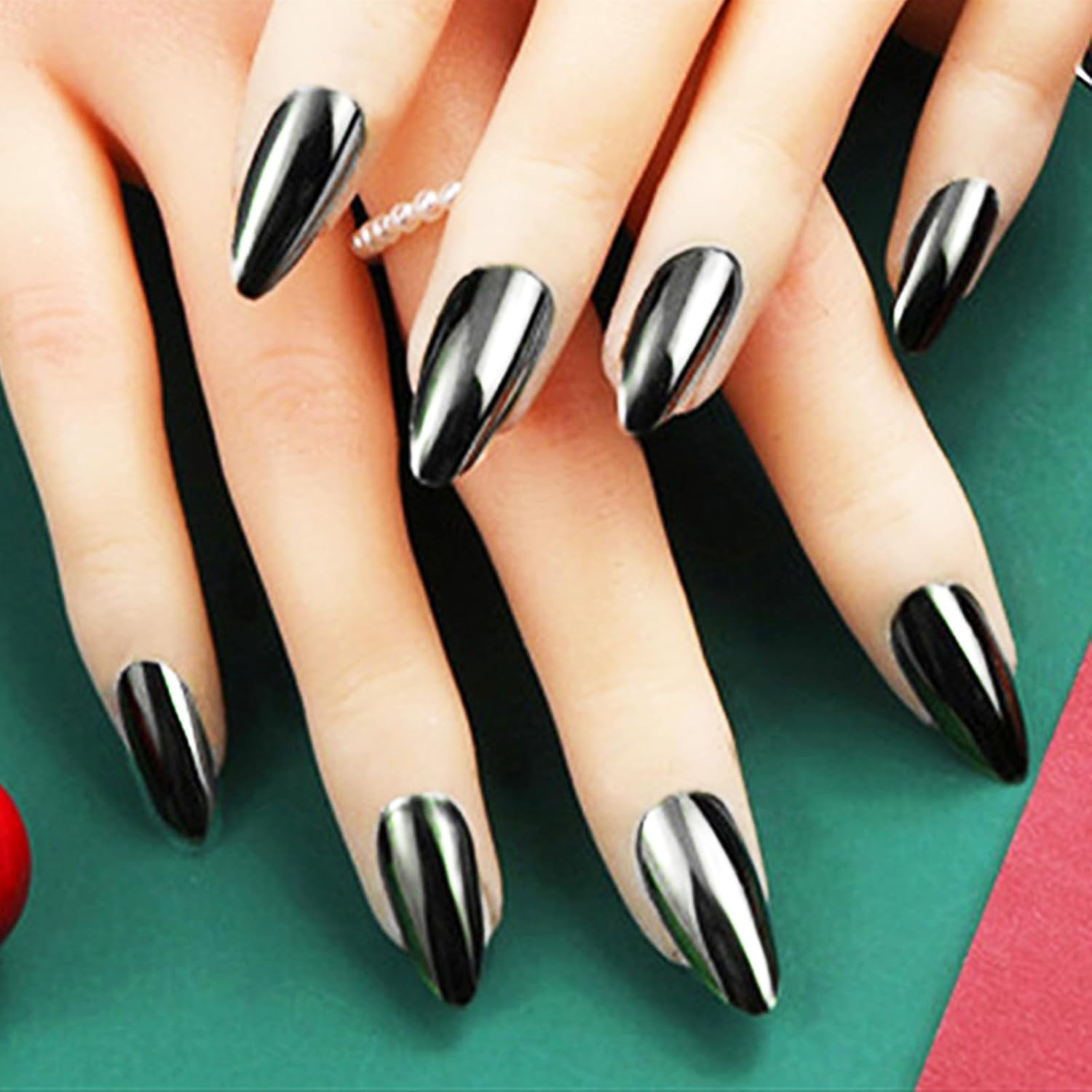 Black Chrome Metal Press-On Nails Almond False Nails - Free Shipping
