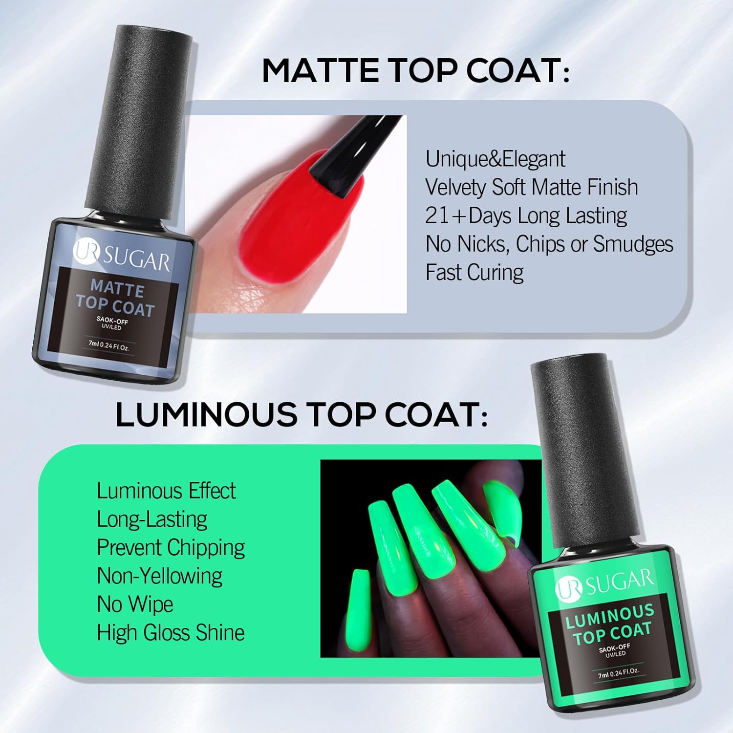 Base & Top Coat 4pc Glow Gel Nail Polish Long -Lasting Manicure Essentials-Free Shipping - Lady Luana Luxe Nails