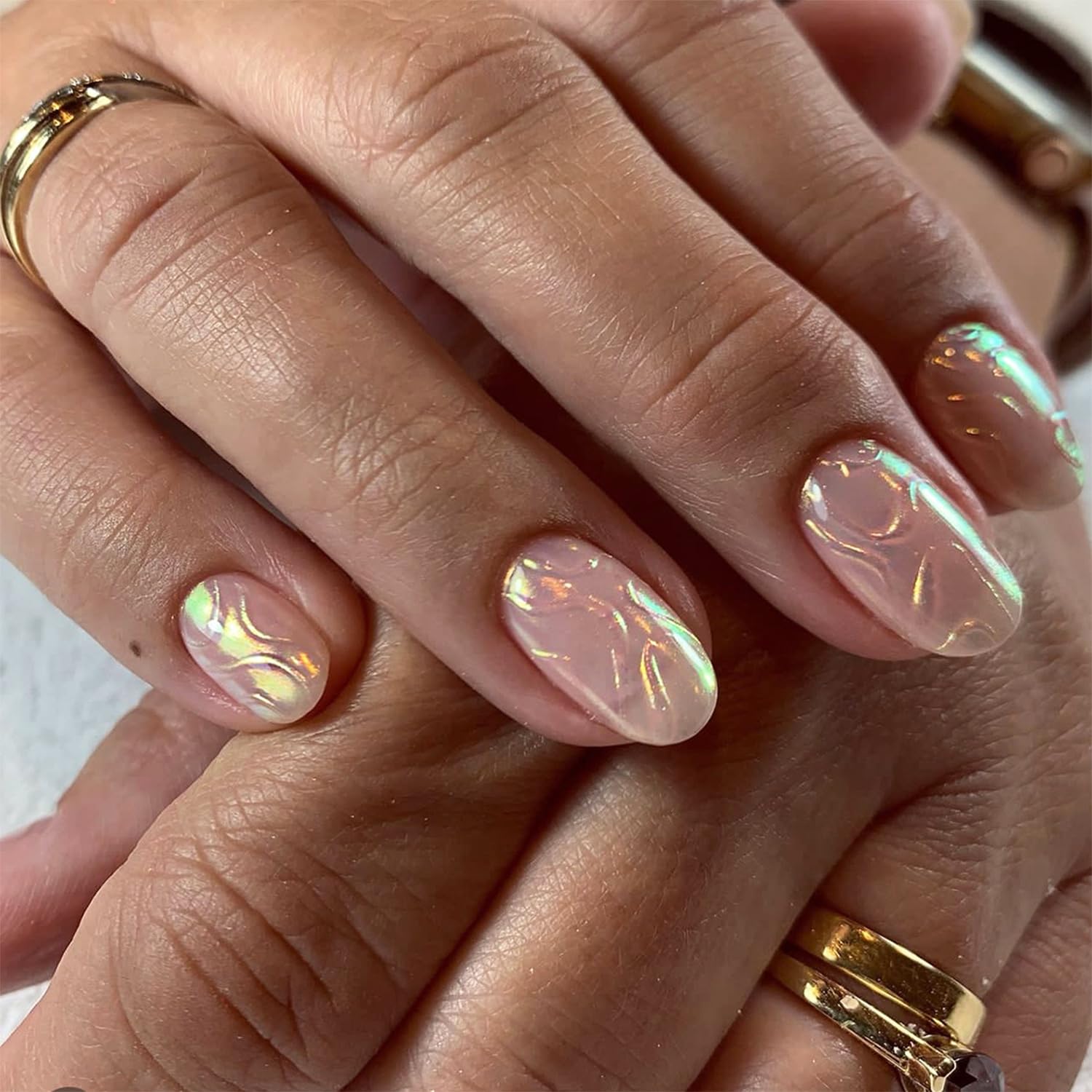 30pcs Green Press on Nails Medium Almond Fake Nails With 3D Flower Pearl Rhinestone Design Gold Beads Butterfly False Nails Star Glue on Nails 3D Summer Floral Full Cover Stick on Nails for Women