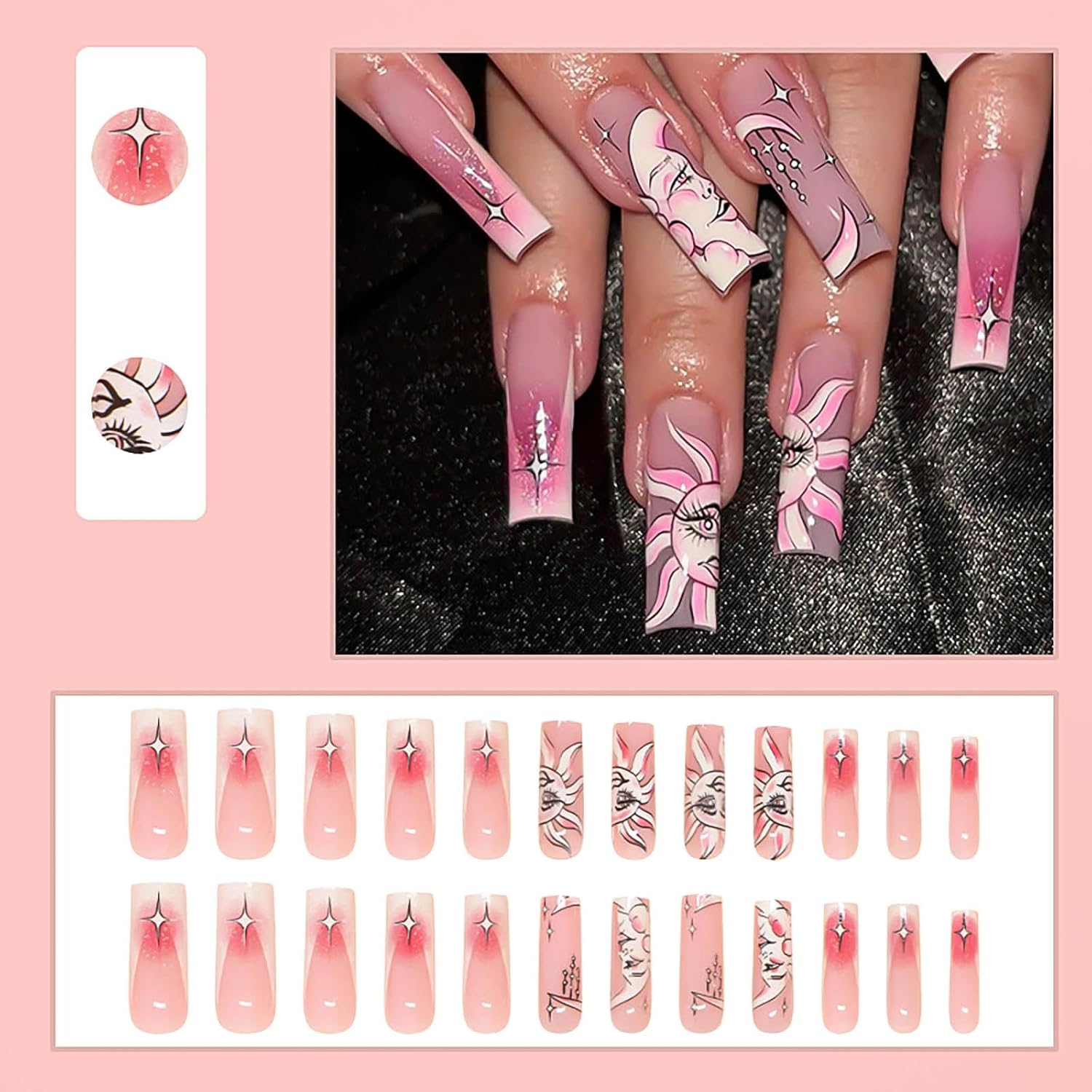 Stylish Moon Sun French Tip Press-On Nails, Long Coffin Acrylic Nails-Free Shipping