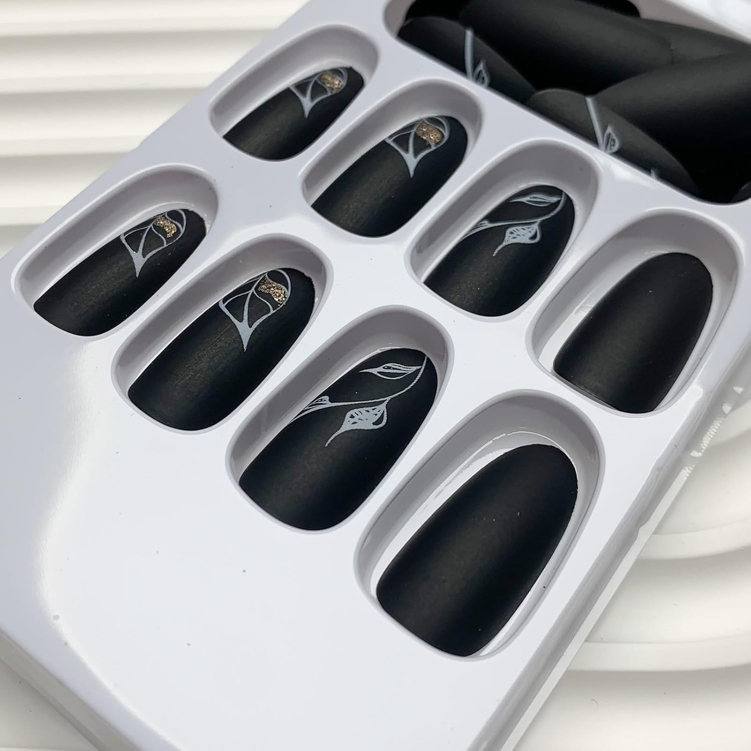 Black Matte Gold Leaf Almond Press-On Nails Acrylic False Nails-Free Shipping