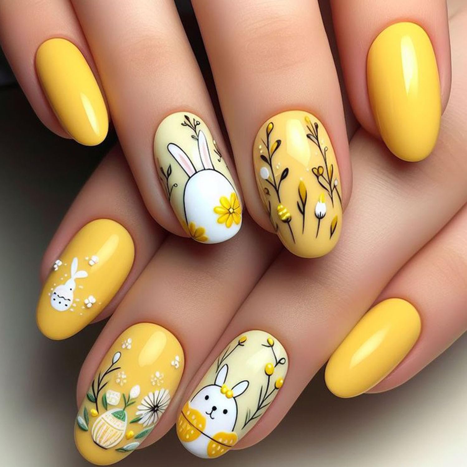 Easter Press On Nails Short Fake Nails with Glue Rabbit Eggs Pattern Design Flower False Nails Easter Press Ons Cute Bunny Stick on Nails Artificial Nails Finger Manicure for Women 24Pcs