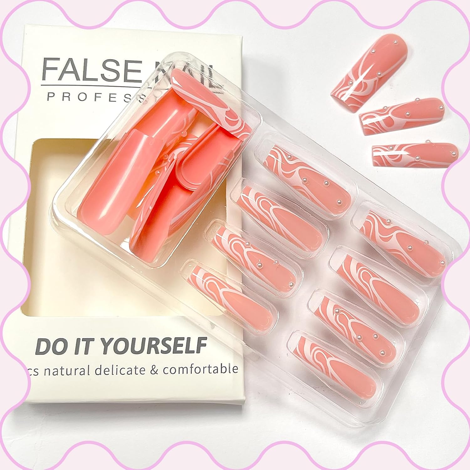 Abstract Swirl Rhinestone Long Coffin Press-On Nails Acrylic False Nails - Free Shipping