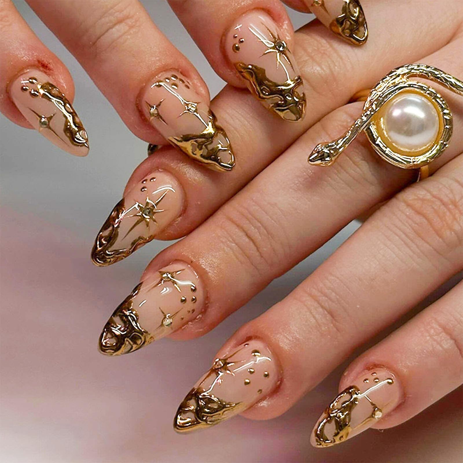 Almond Press on Nails Medium French Tip Fake Nails with Design Gold Line Star Glue on Nails 3D Flower Water Ripple Acrylic Nails Rose False Nails Full Cover Stick on Nails for Women Manicure 24Pcs