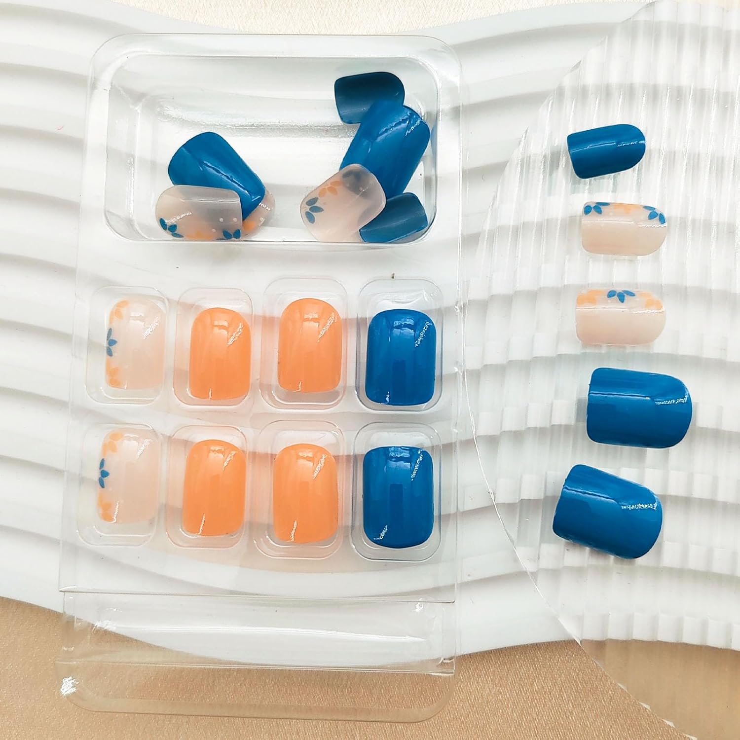 Vibrant Floral Blue Orange Press-On Nails Short Square Acrylic False Nails - Free Shipping
