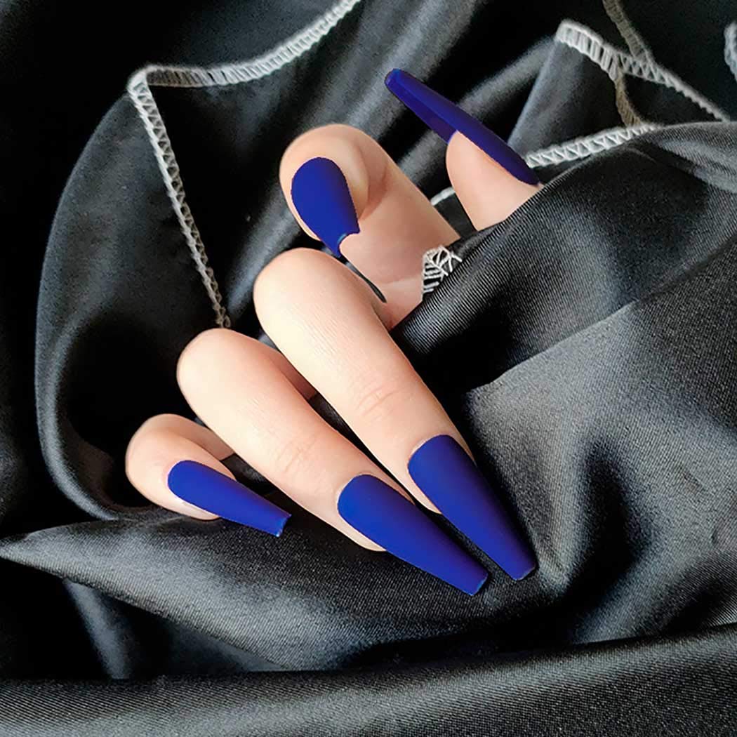 Blue Matte Long Coffin Press-On Nails Acrylic Full Cover Fake Nails – Free Shipping