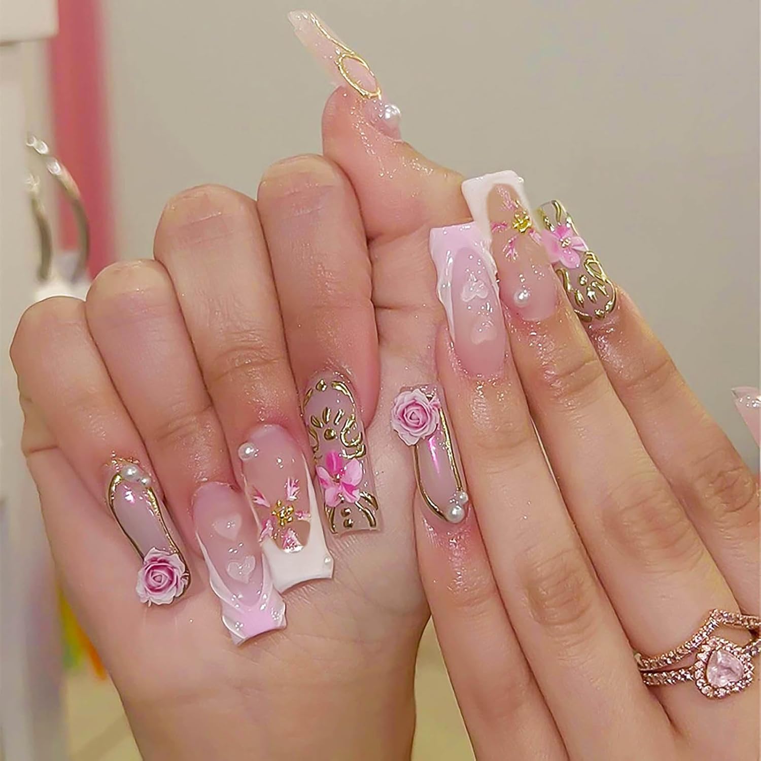 Floral Pearl Press-On Nails Long Square Coffin Acrylic Fake Nails - Free Shipping