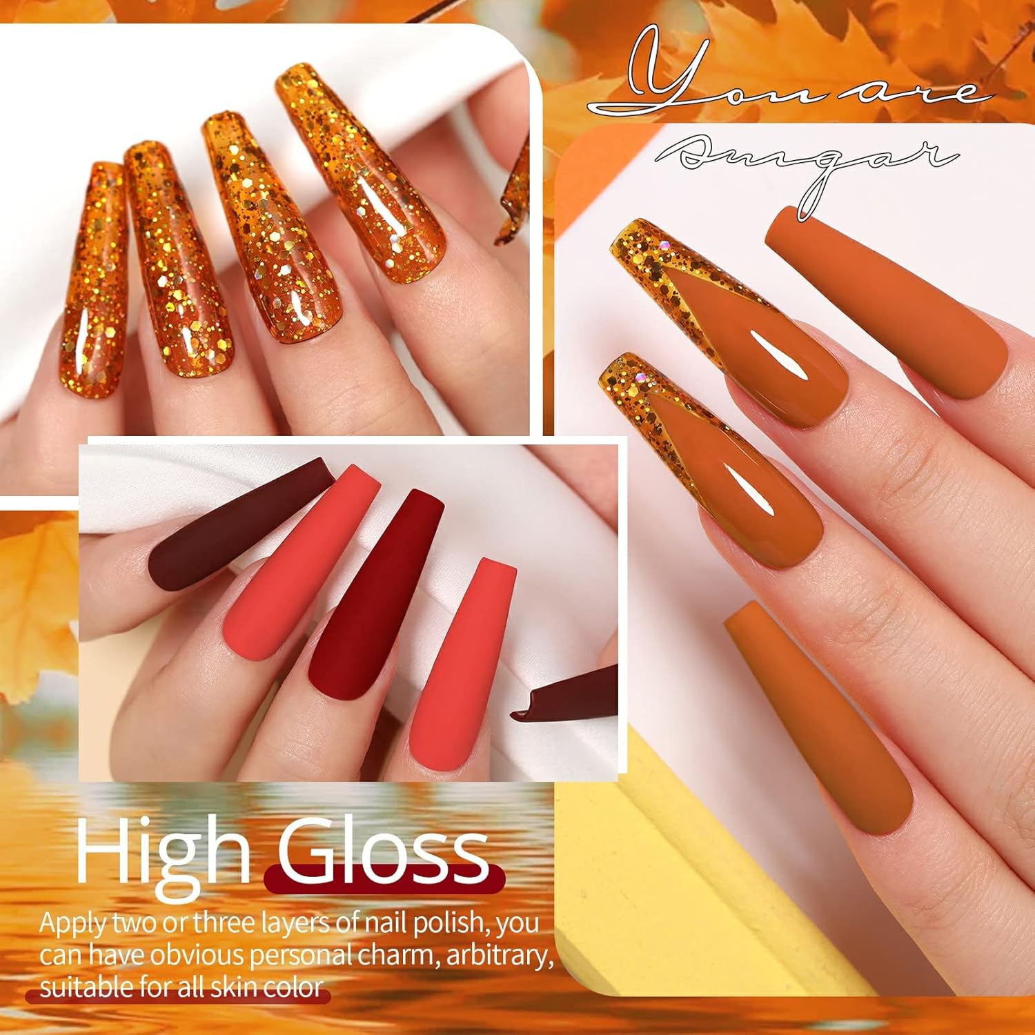 Autumn Maple Sparkle Shiny Glitter Gel Nail Polish Long-Lasting Manicure Essentials-Free Shipping - Lady Luana Luxe Nails