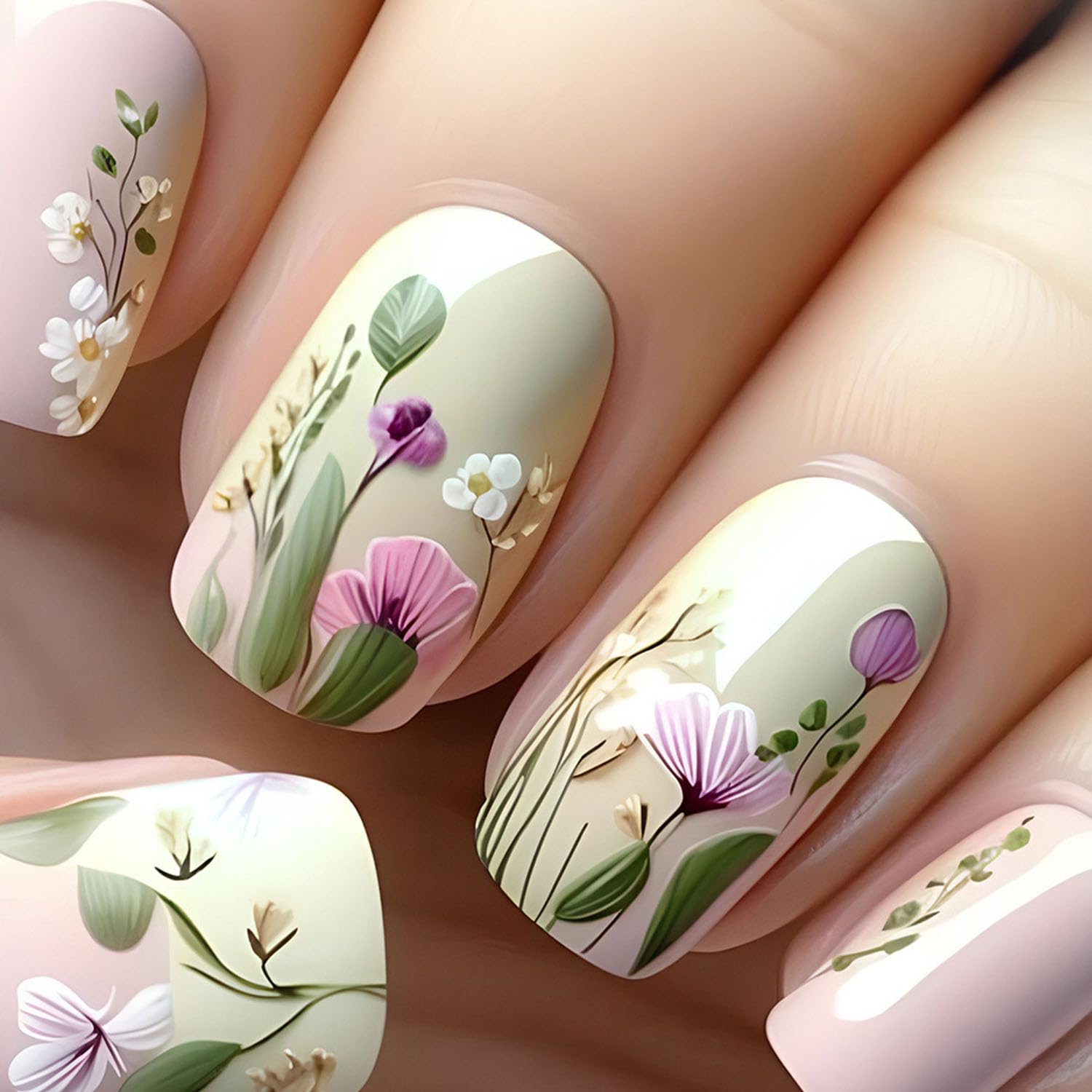 Easter Press On Nails Short Fake Nails with Glue Rabbit Eggs Pattern Design Flower False Nails Easter Press Ons Cute Bunny Stick on Nails Artificial Nails Finger Manicure for Women 24Pcs