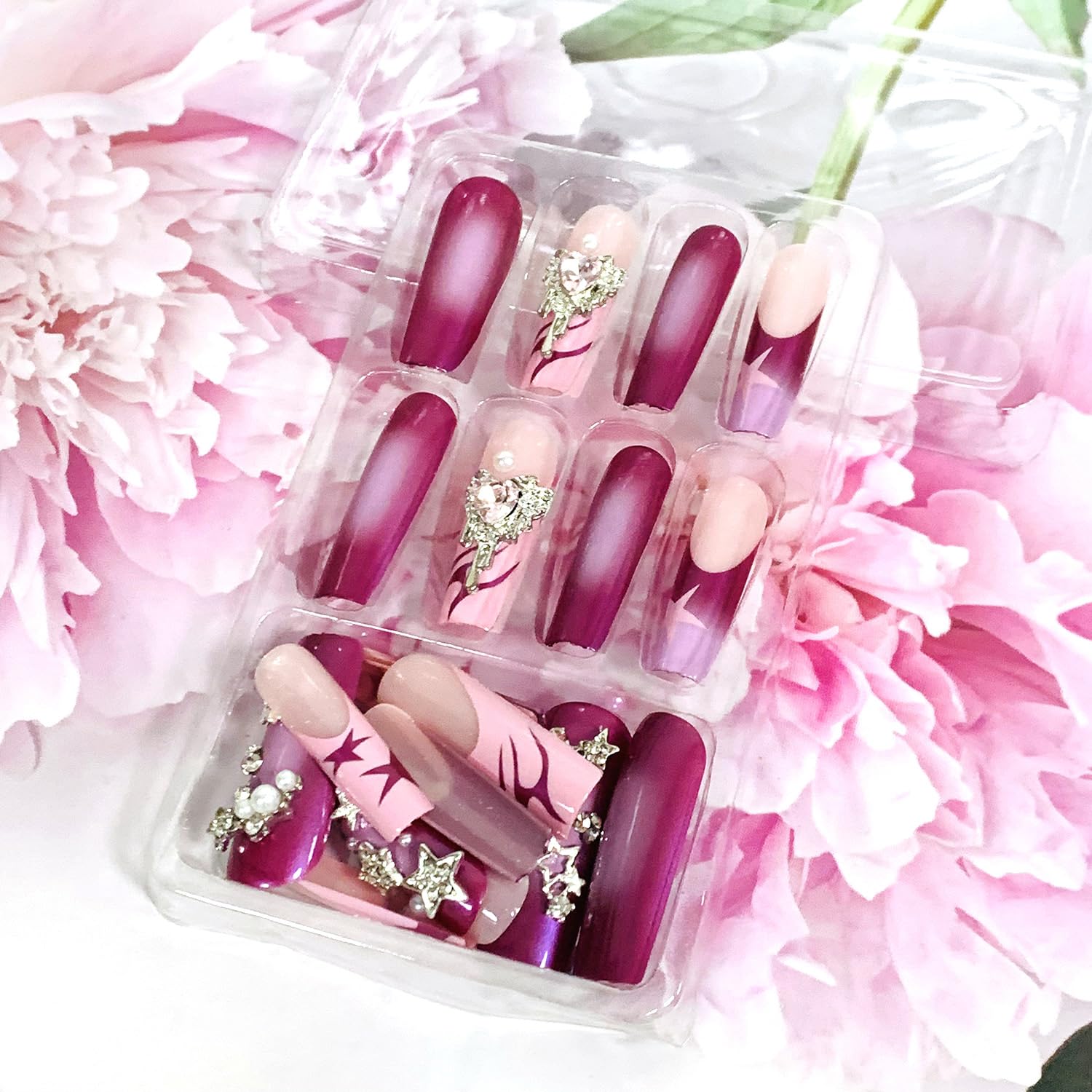 3D Rhinestone Metallic Star Long Coffin Press-On Nails Acrylic False Nails– Free Shipping