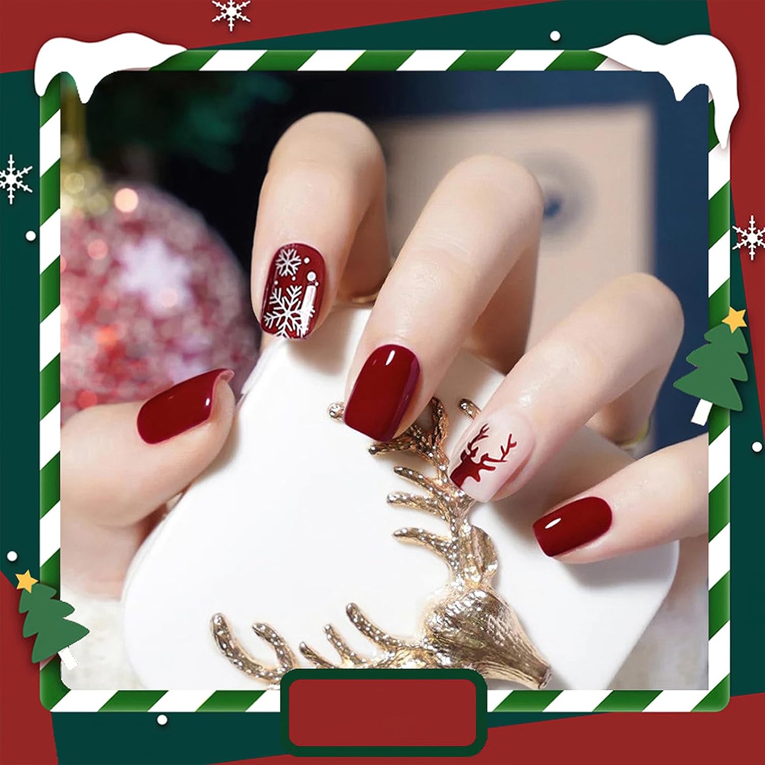 Christmas Hat Bow Design Press-On Nails Short Square Acrylic Set 24pcs Stick-On Manicure-Free Shipping - Lady Luana Luxe Nails
