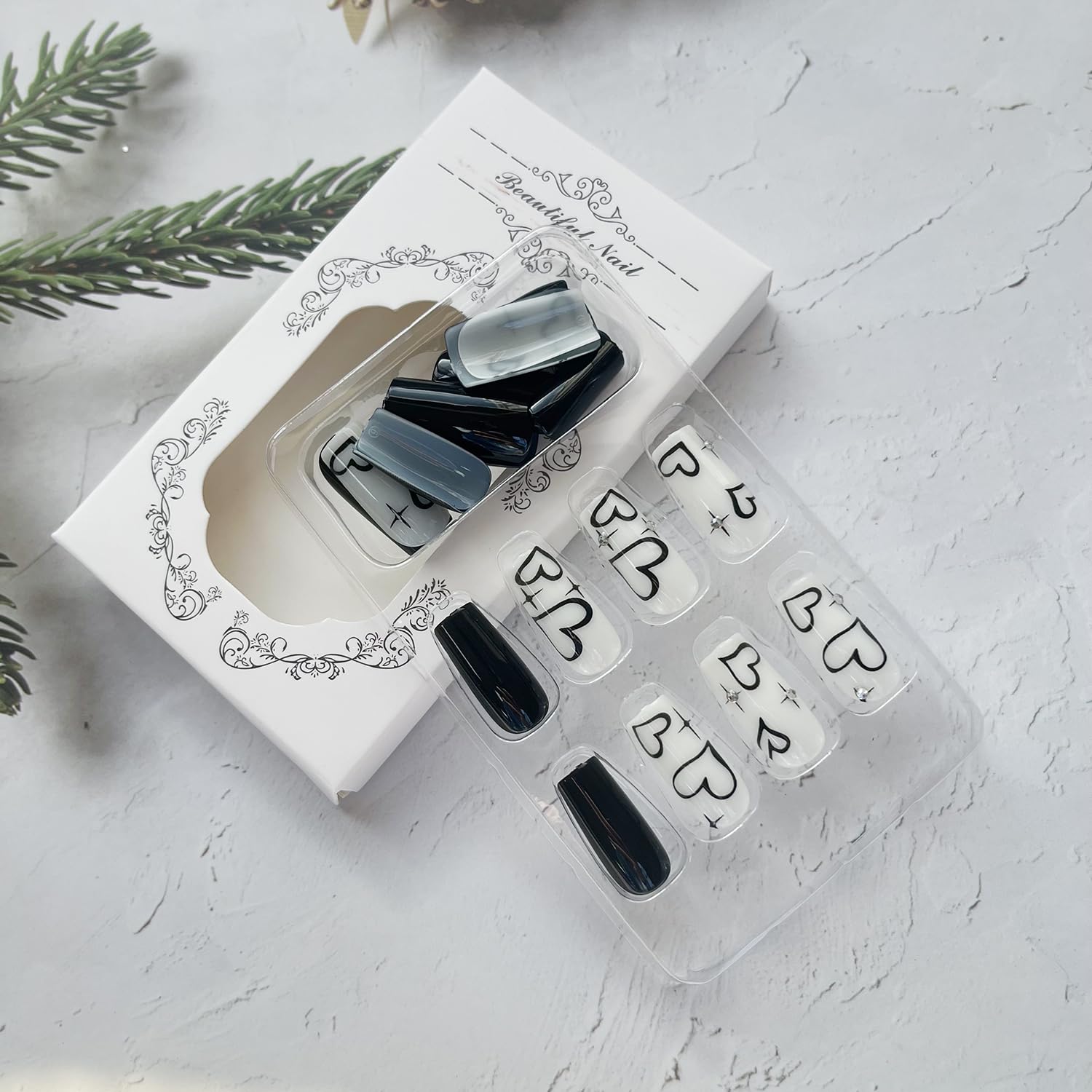 24Pcs Medium Valentines Press on Nails Black Heart Fake Nails Glossy Acrylic Nails Square False Nails Hearts Rhinestone Designs Black White Stick on Nails Valentine's Day Glue on Nails for Women