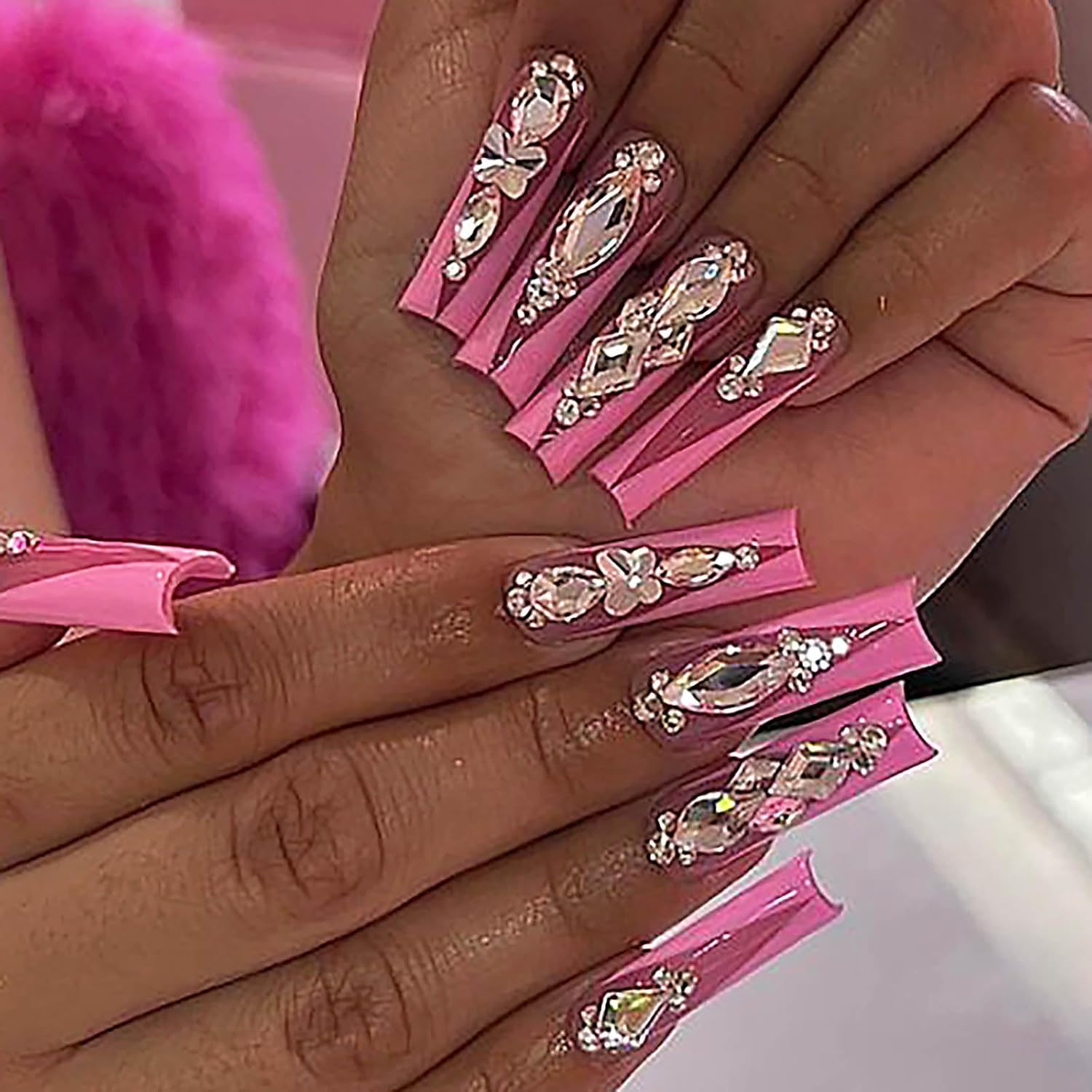 Pink Rhinestone Long Coffin Press-On Nails Acrylic False Nails – Free Shipping