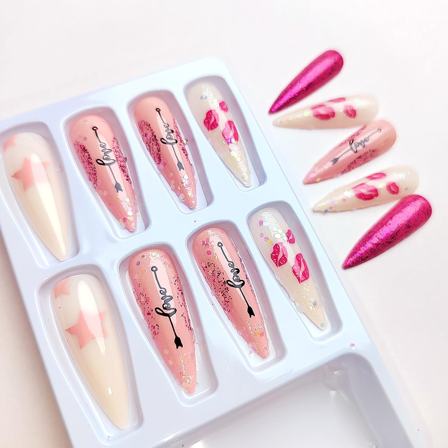 Hot Pink Kisses Press on Nails Long Stiletto Valentines Day Fake Nails with Pink Lip Black Love Letter Design Pink Glitter False Nails Valentine Glue on Nails Artificial Stick on Nails for Women Girls