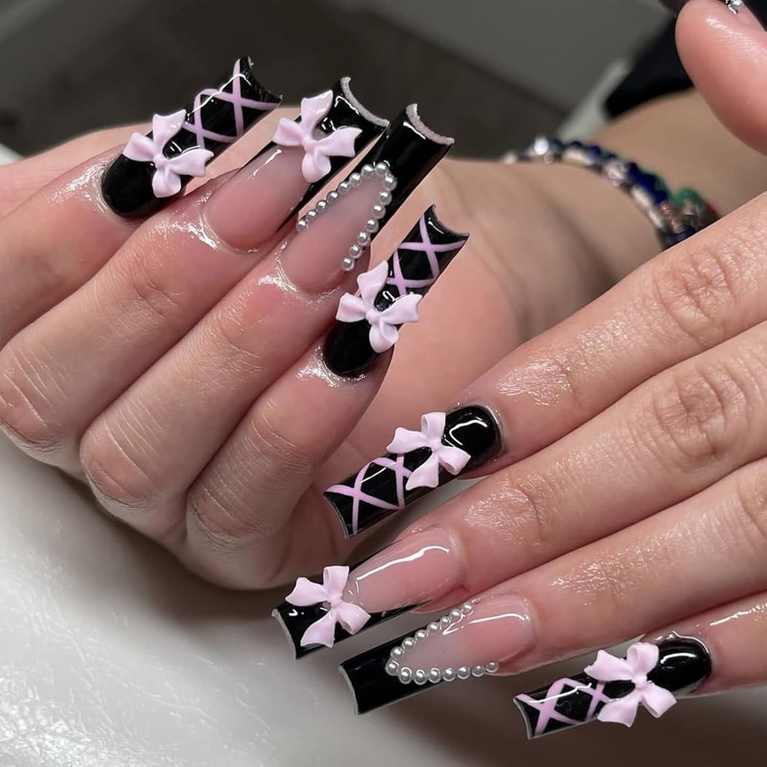 Black Pink Bow Pearl Long Coffin Press-On Nails False Nails - Free Shipping