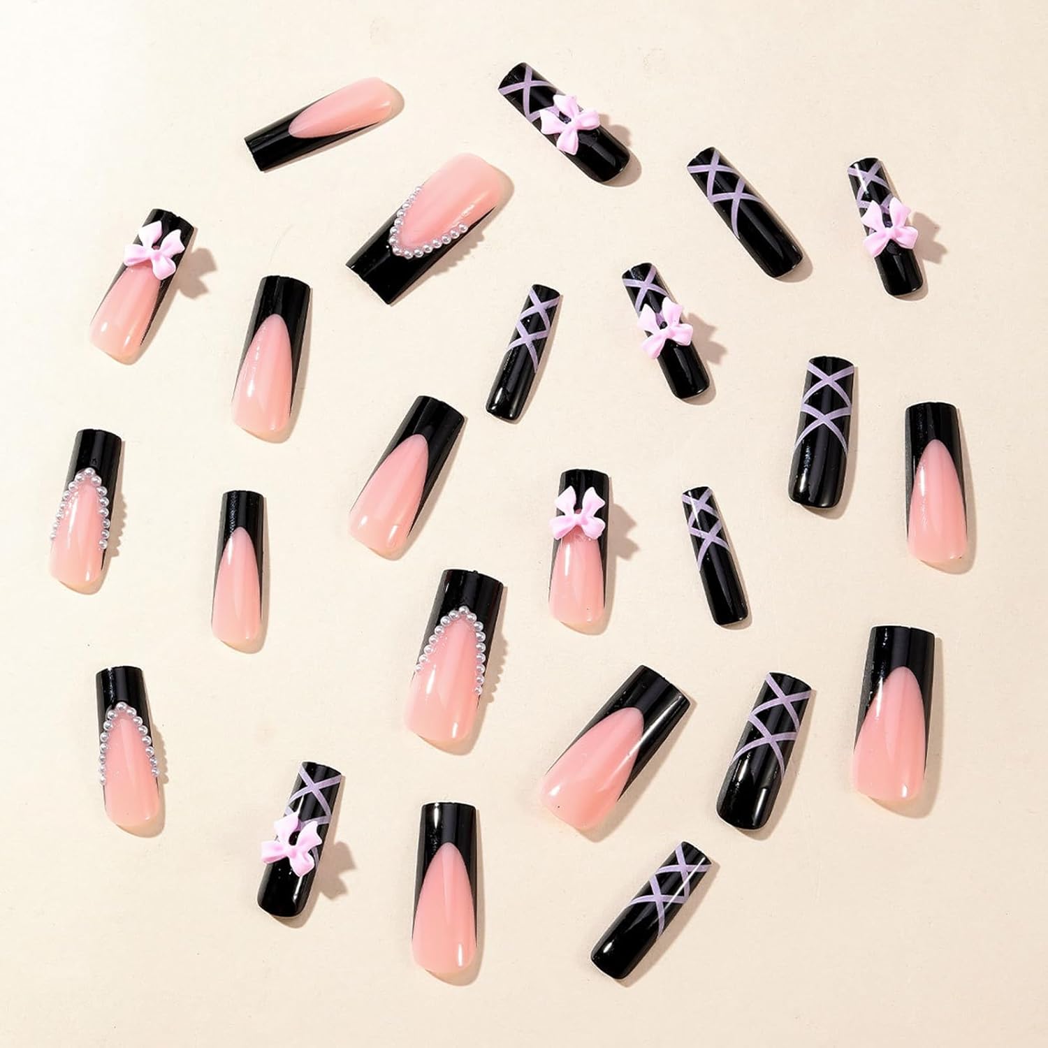 Black Pink Bow Pearl Long Coffin Press-On Nails False Nails - Free Shipping