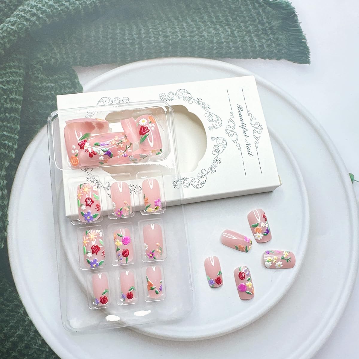 Bee Tulip Floral Press-On Nails Set-Medium Length, Square Shape, Reusable Acrylic False Nails-Free Shipping