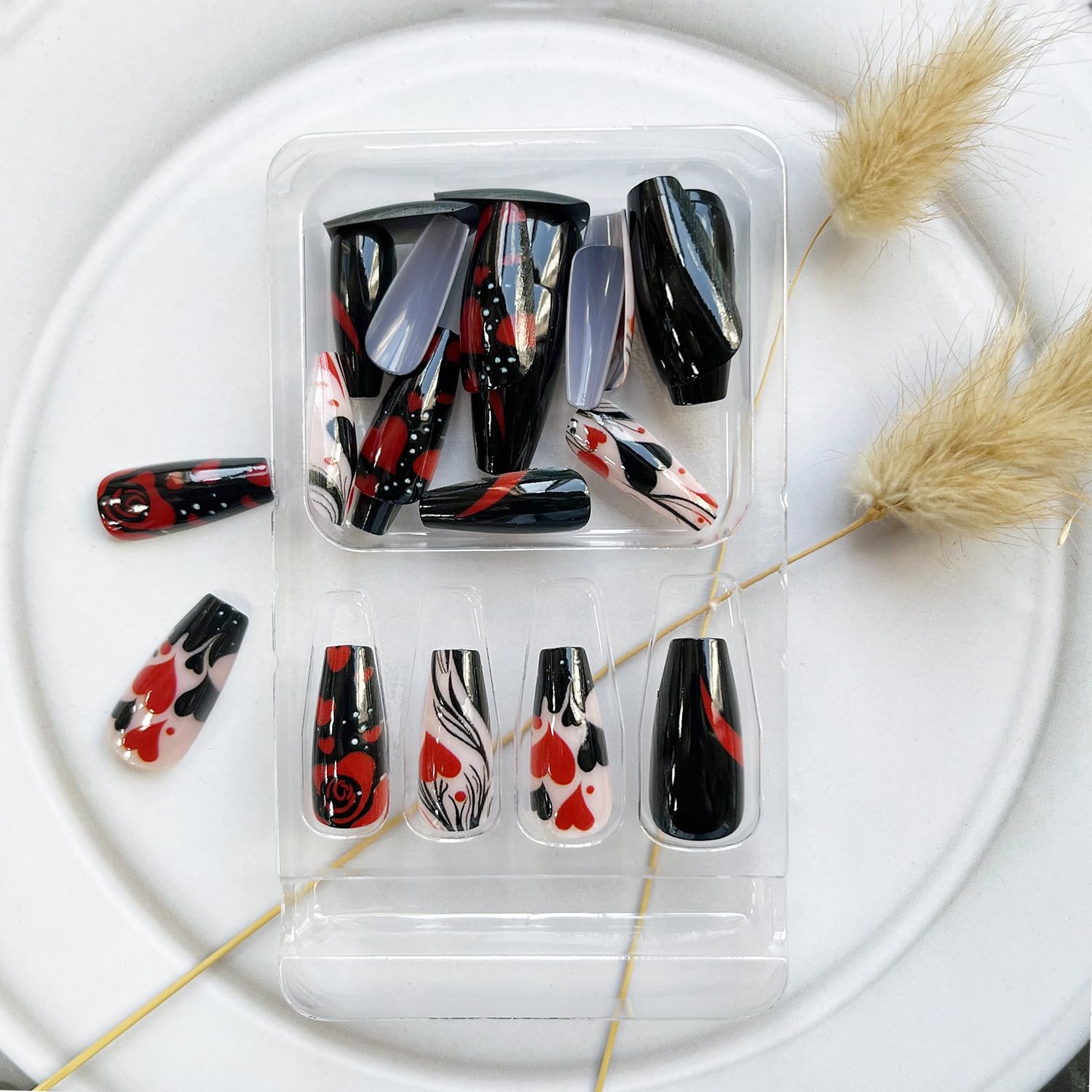 Valentines Press on Nails Medium Coffin Fake Nails Black False Nails with Red Heart Rose Designs Glossy Acrylic Nails Cute Valentines Day Glue on Nails Medium Length Artificial Nails for Women