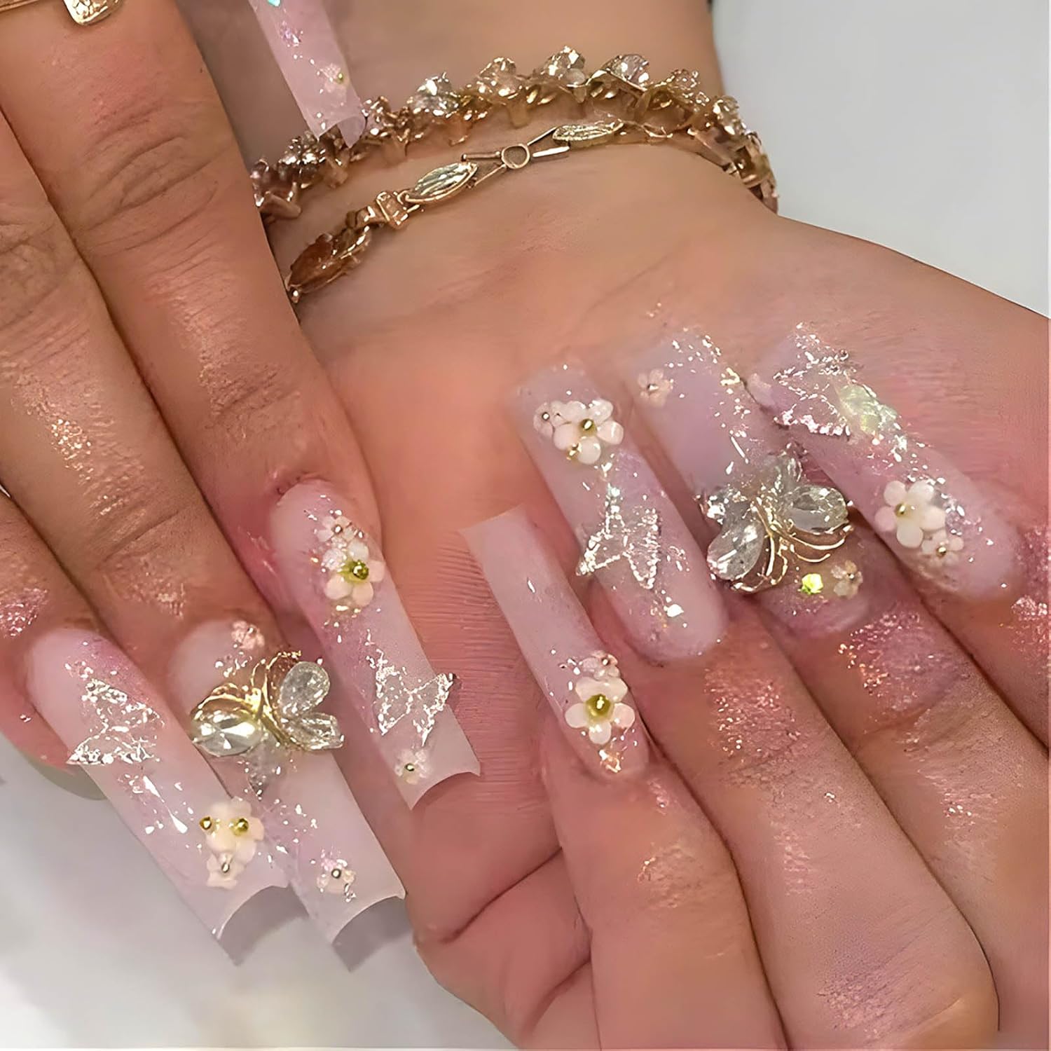 3D Butterfly Glitter Flower Long Coffin Press-On Acrylic False Nails - Free Shipping