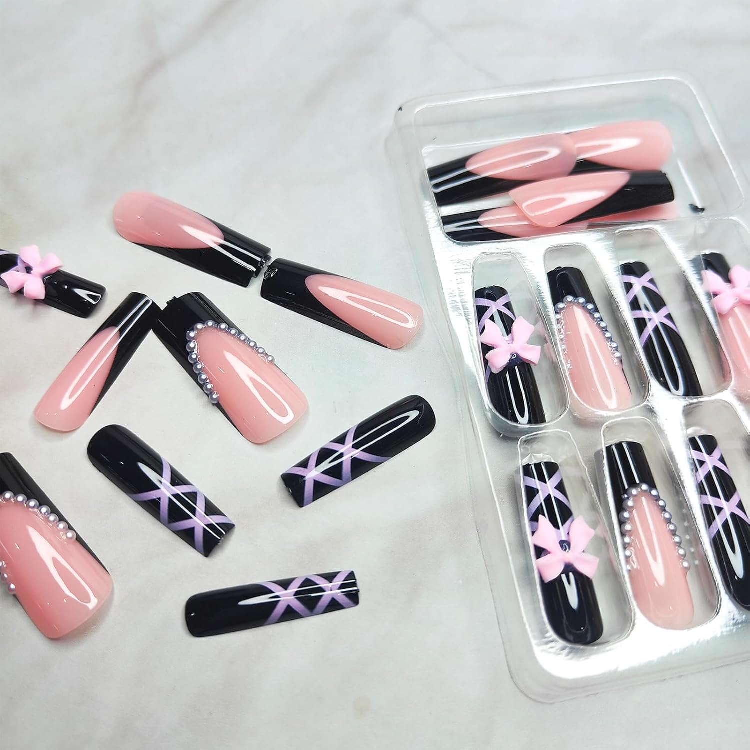 Black Pink Bow Pearl Long Coffin Press-On Nails False Nails - Free Shipping