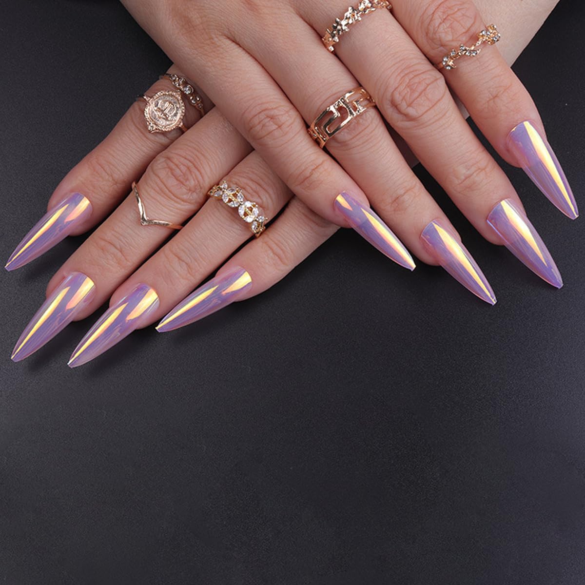 Stiletto Chrome Metallic Holographic Press on Nails-Free Shipping - Lady Luana Luxe Nails
