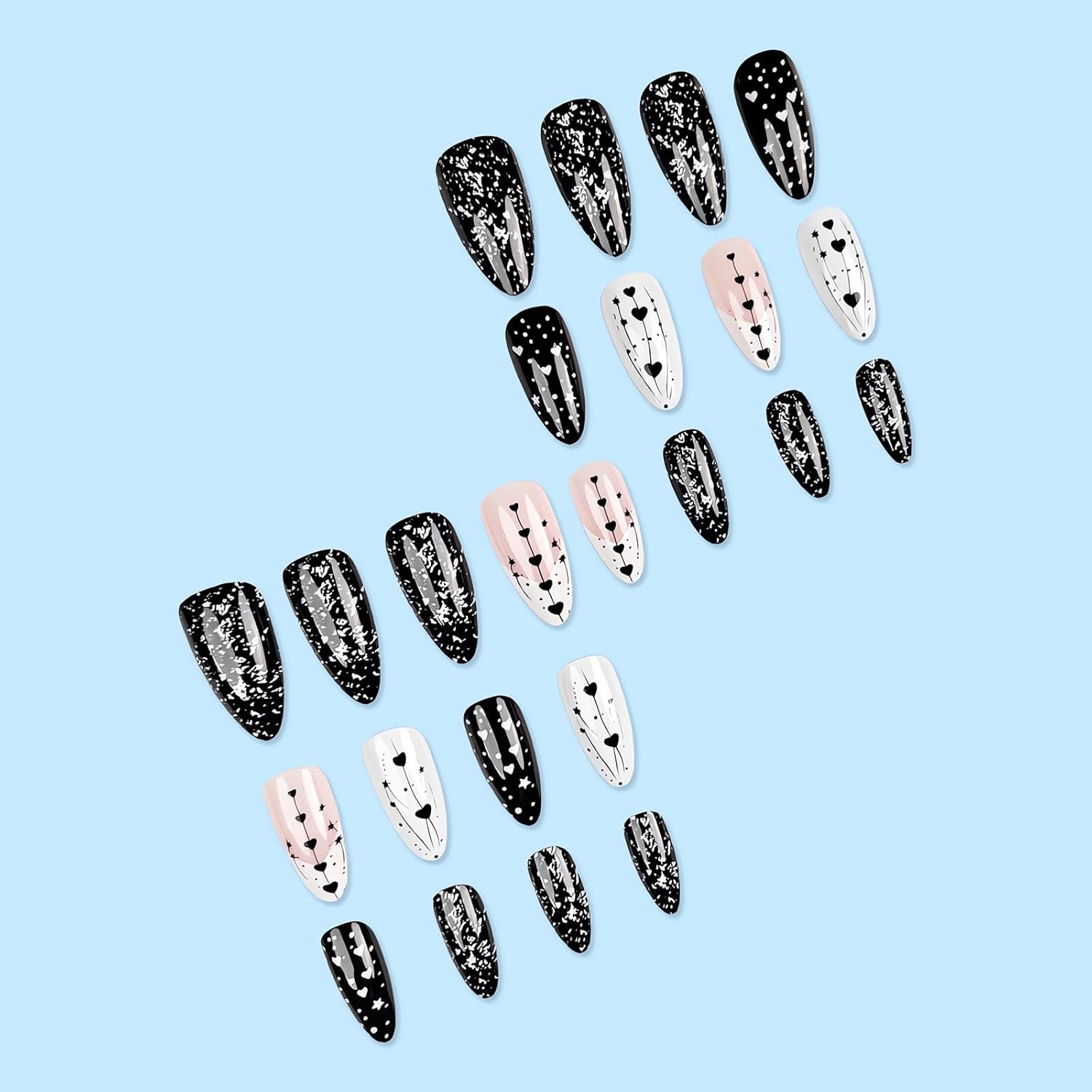 Heart Press on Nails Almond Medium Fake Nails Glossy Black White Valentine’s Day Glue on Nails with Small Hearts Stars Designs White French False Nail Tips Cute Stick on Nails for Women 24Pcs