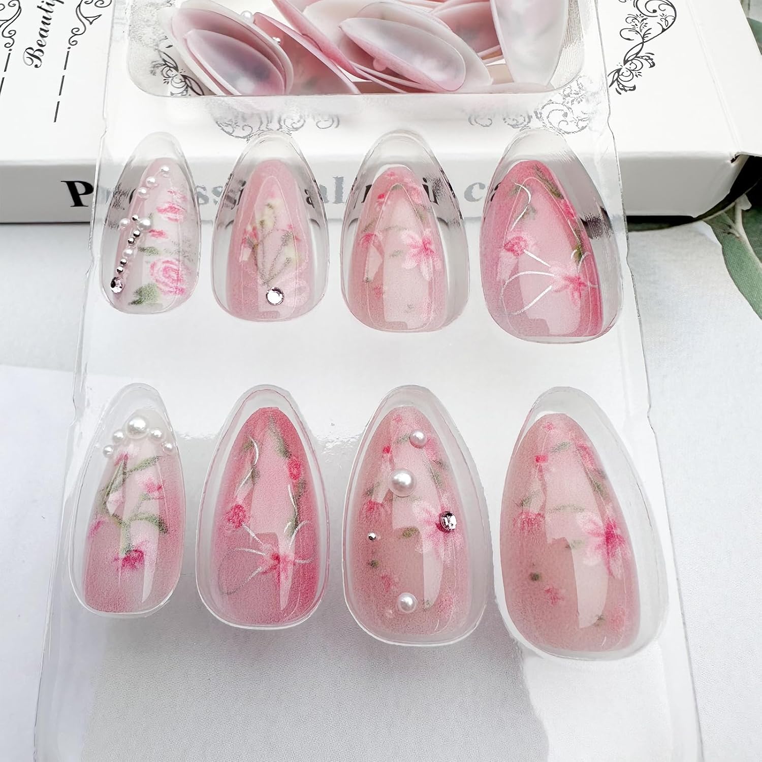 Peach Blossom Press on Nails Short Medium Almond Fake Nails with 3D Pearl Diamond Designs Pink Flower Full Cover Stick on Nails Pink White Gradient Glossy Acrylic Nails False Nails for Women 24Pcs