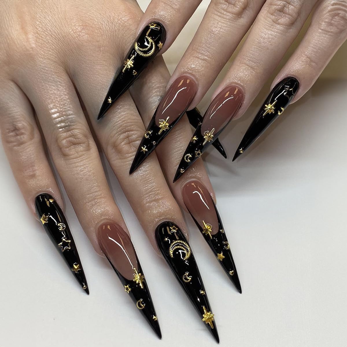 Stiletto Moon Star French Press on Nails Long-Free Shipping - Lady Luana Luxe Nails