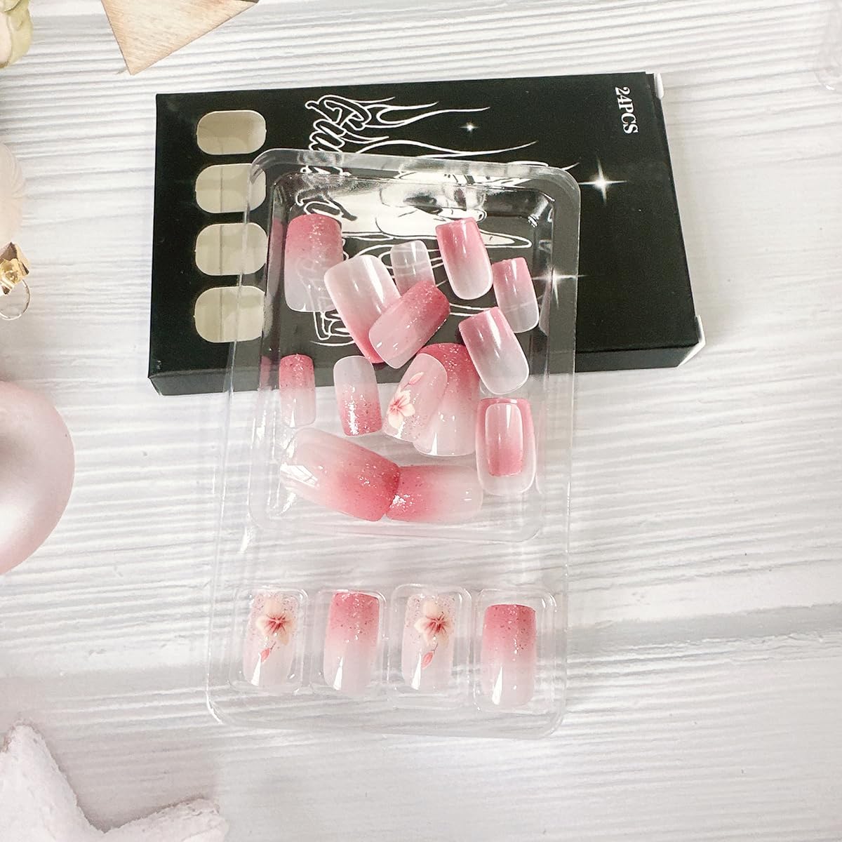 Bee Tulip Floral Press-On Nails Set-Medium Length, Square Shape, Reusable Acrylic False Nails-Free Shipping