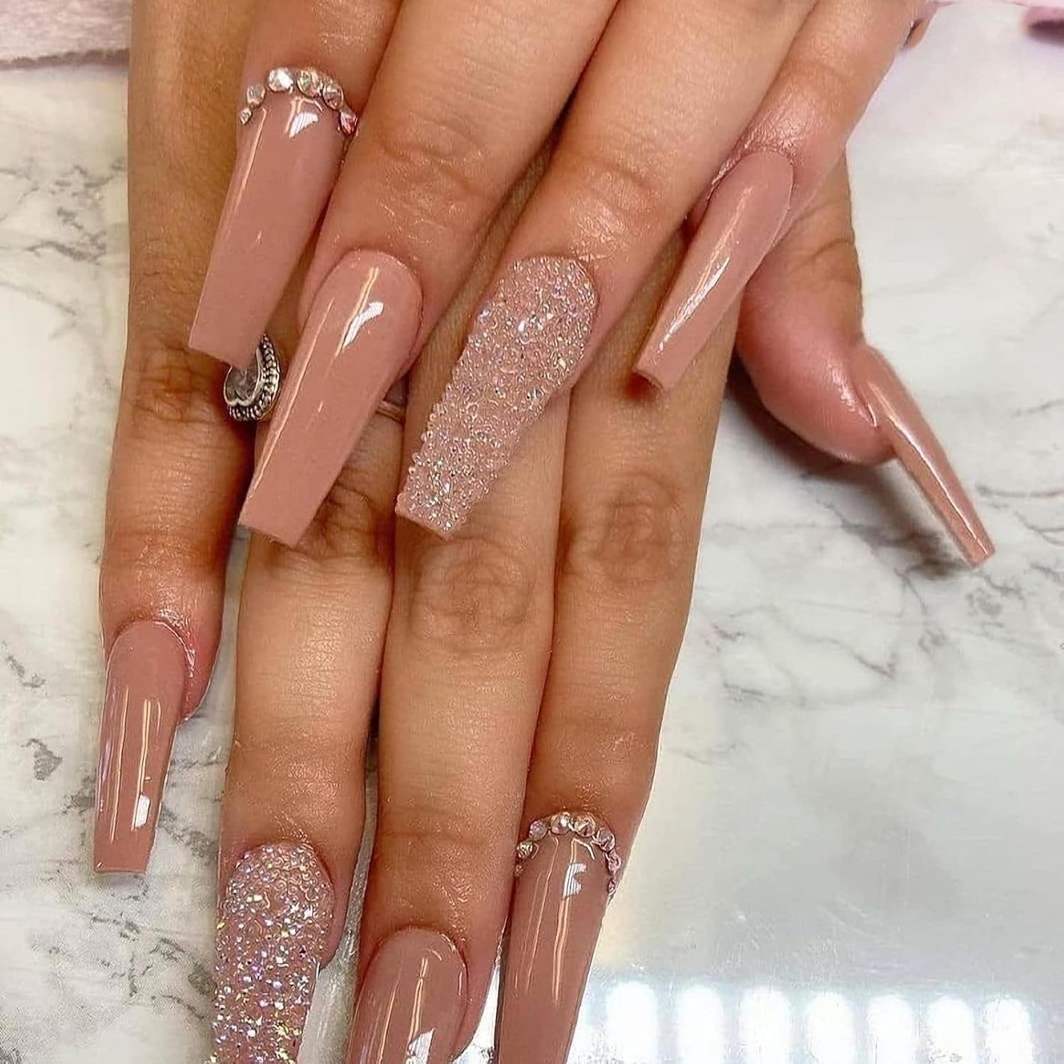 BABALAL Glossy Press on Nails Long Coffin Full Cover False Nails Shiny Stick on Nails Nude Fake Nails for Women and Girls