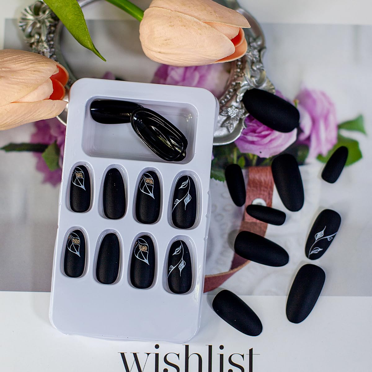 Black Matte Gold Leaf Almond Press-On Nails Acrylic False Nails-Free Shipping