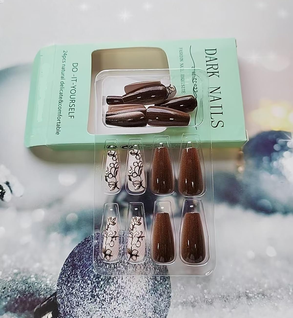 Brown Embossed 3D Lace Press-On Nails False Nails - Free Shipping