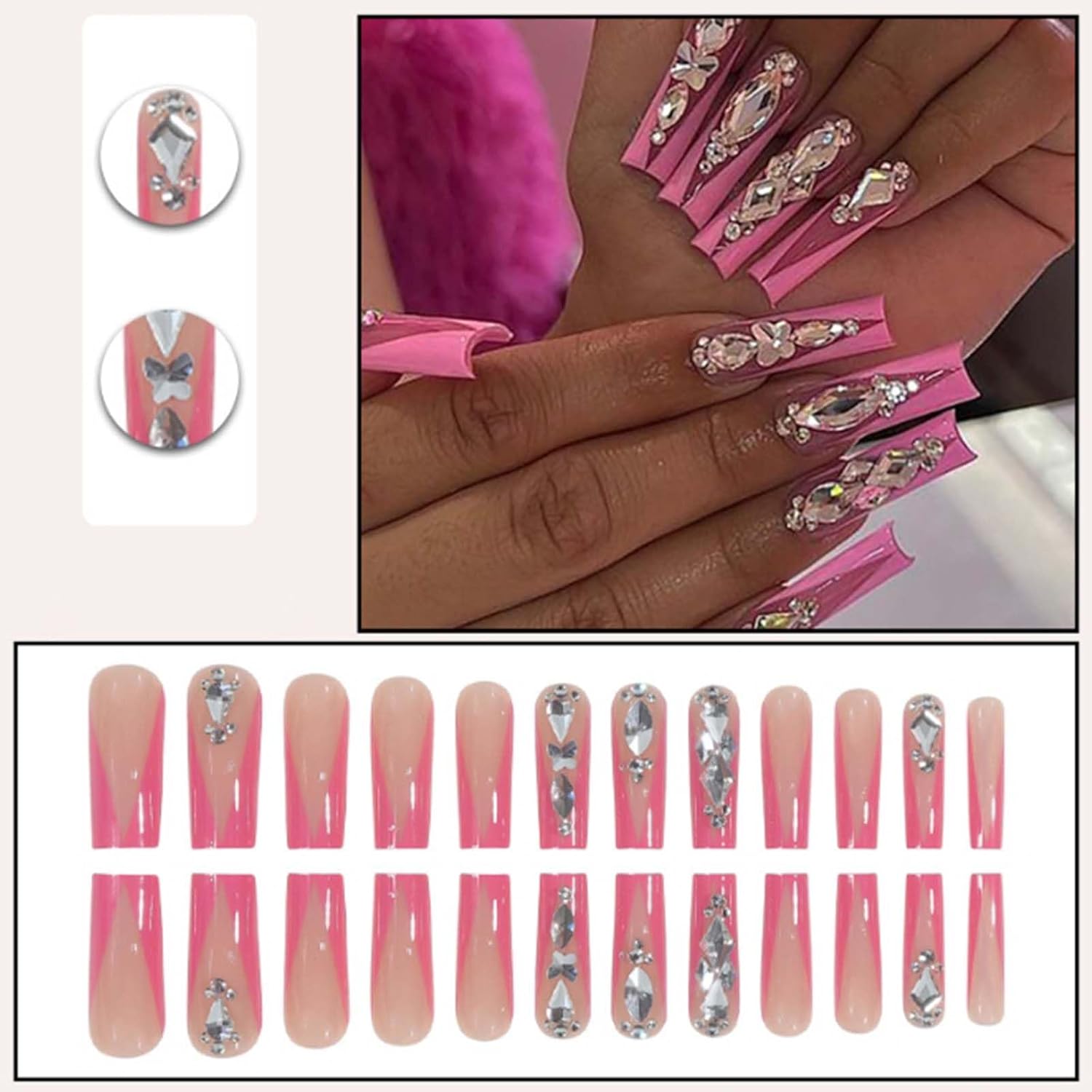 Pink Rhinestone Long Coffin Press-On Nails Acrylic False Nails – Free Shipping