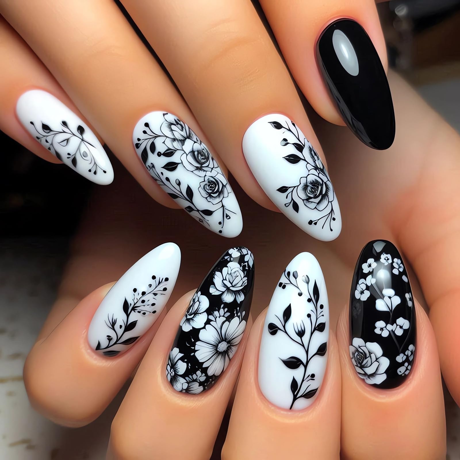 Chic Black White Floral Press-On Nails Fake Artificial Nails 24 Pcs – Free Shipping
