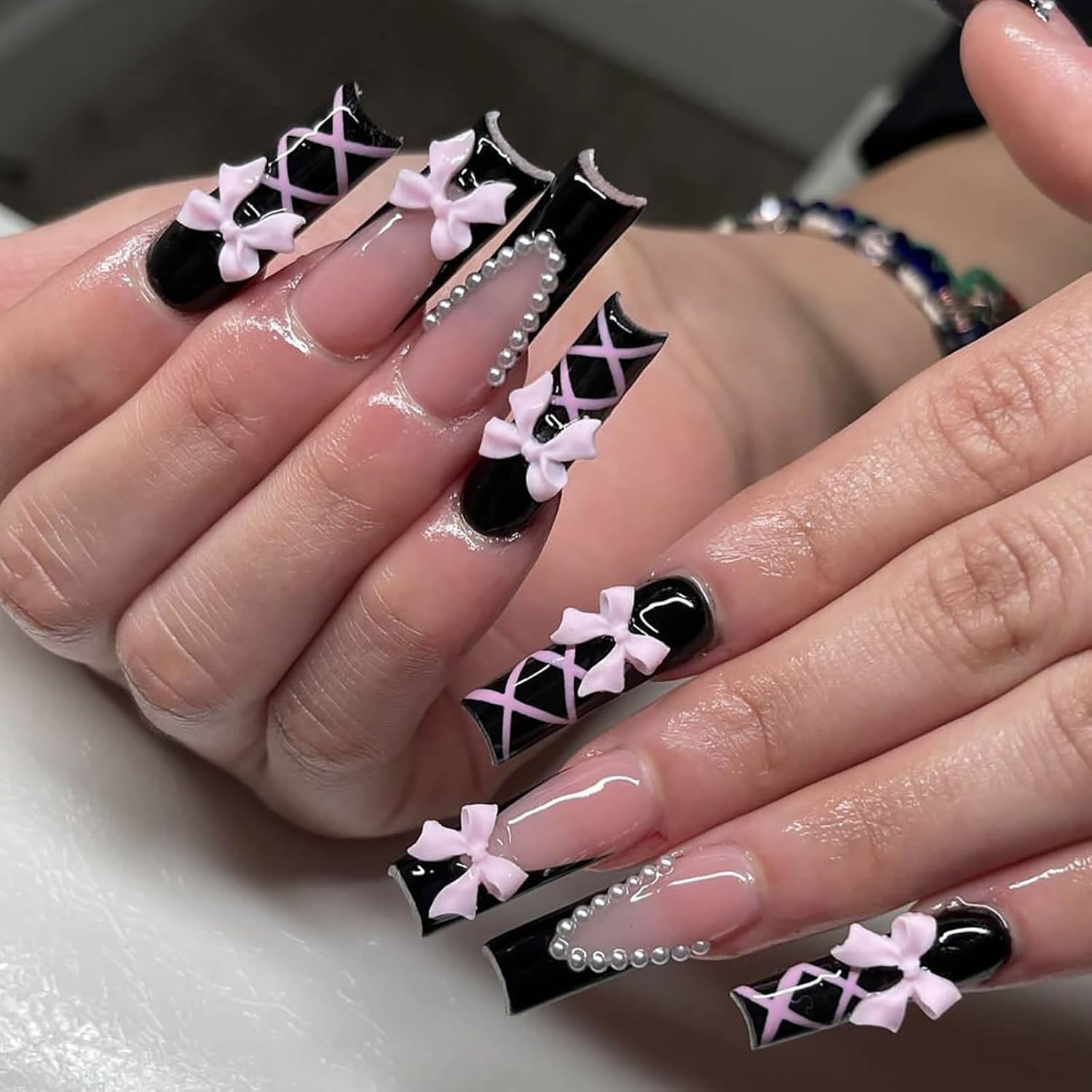 Black Pink Bow Pearl Long Coffin Press-On Nails False Nails - Free Shipping