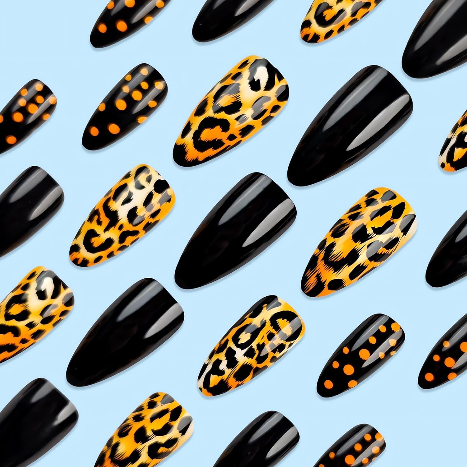 Leopard Press on Nails Almond Medium Fake Nails Gold Black Glue on Nails Full Cover Acrylic False Nail Tips Glossy Artificial Nails Medium Almond Stick on Nails for Women Manicure Decorations