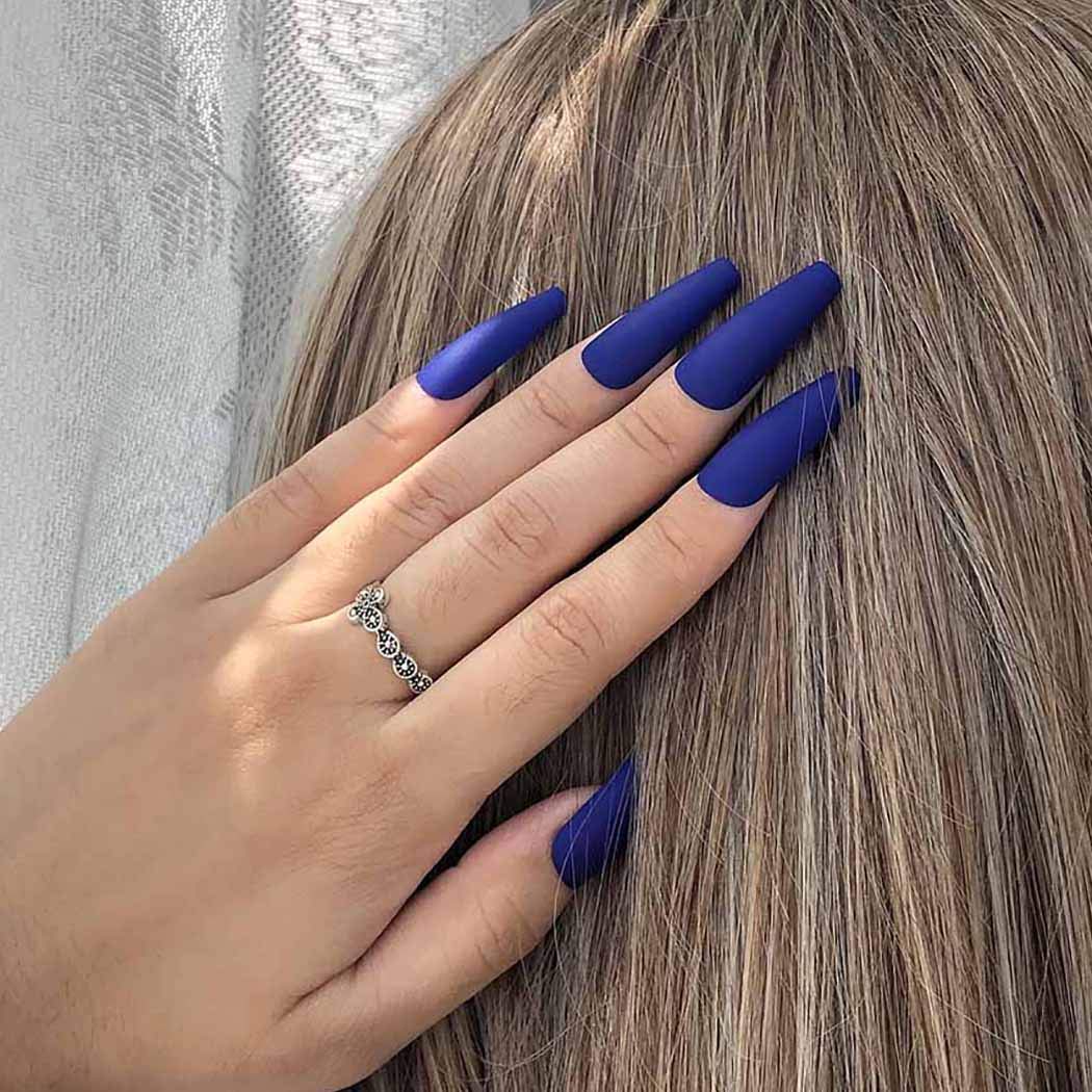 Blue Matte Long Coffin Press-On Nails Acrylic Full Cover Fake Nails – Free Shipping