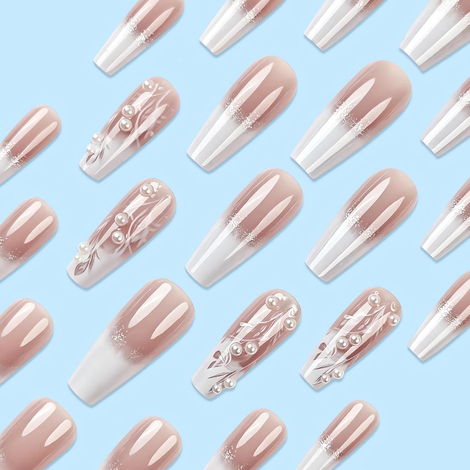 24Pcs Long Coffin White French Tip Press on Nails Glossy Finish Fake Nails with White Pearls and Flowers Design Cute Acrylic False Nails Full Cover Glue on Nails Long Ballet Stick on Nails for Women