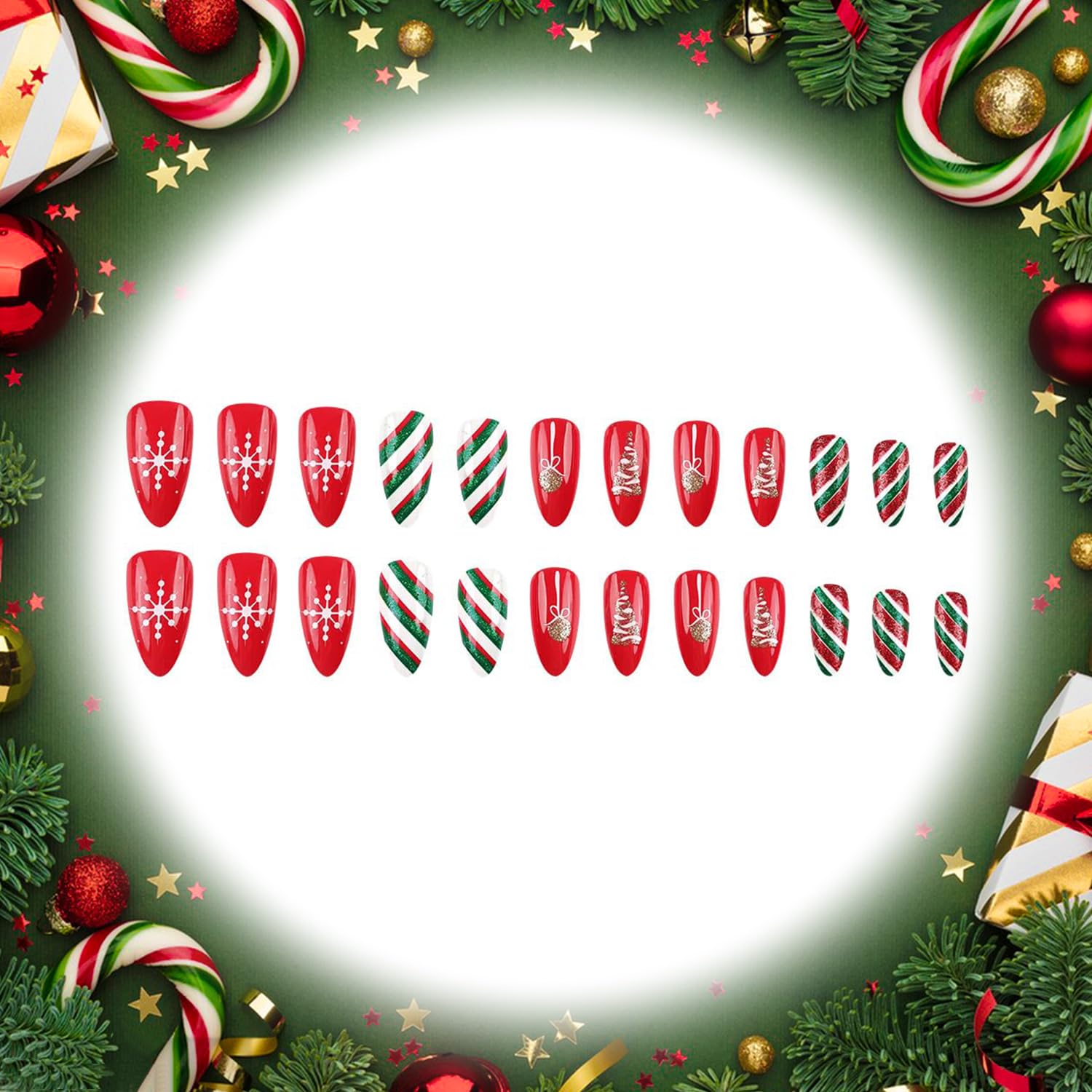 Christmas Snowflake Glitter Stripes Acrylic Press on Nails Fake Nails - Free Shipping