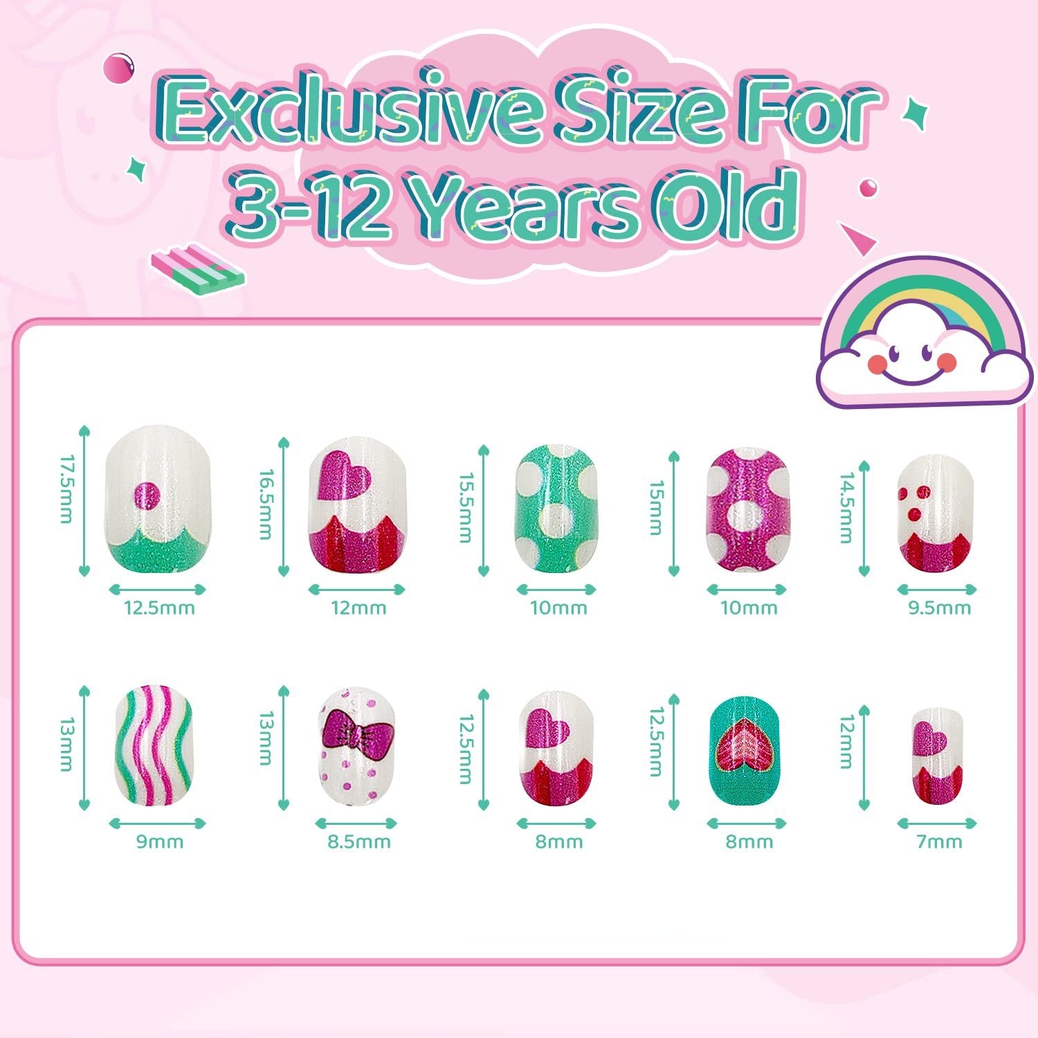 Kids Weather Designs 144Pcs Press on Nails - Cute Pre-Glue Full Cover Acrylic Nail Tips Kit - Free Shipping